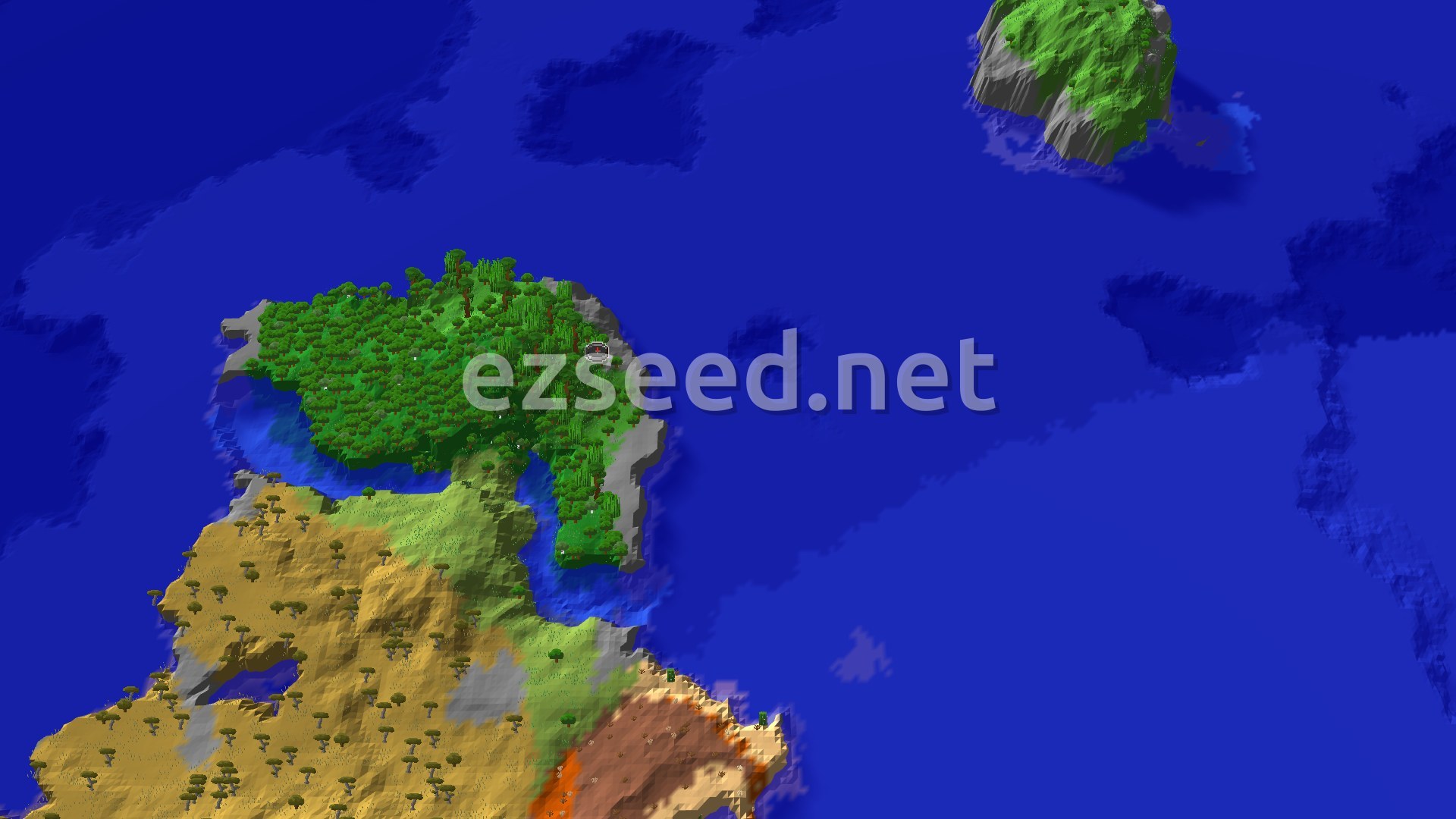 An aerial view shows a large island covered in lush green jungle, with savannas and badlands visible on its southern end. The island is surrounded by deep blue ocean.