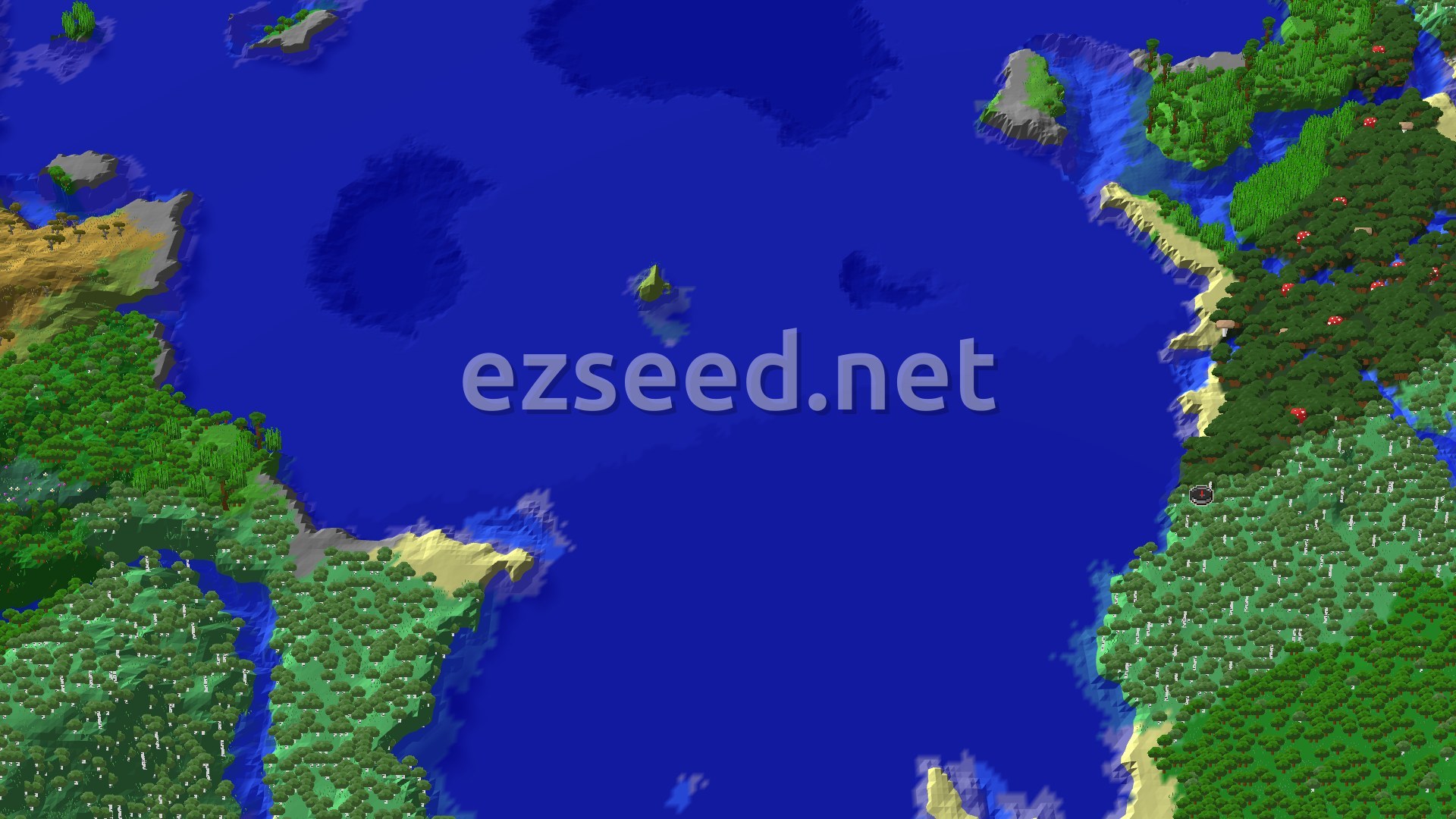 Pale birch forest and dark forest with red mushrooms run down the east side of a wide blue ocean, with beaches, small rocky islets and a few islands offshore.