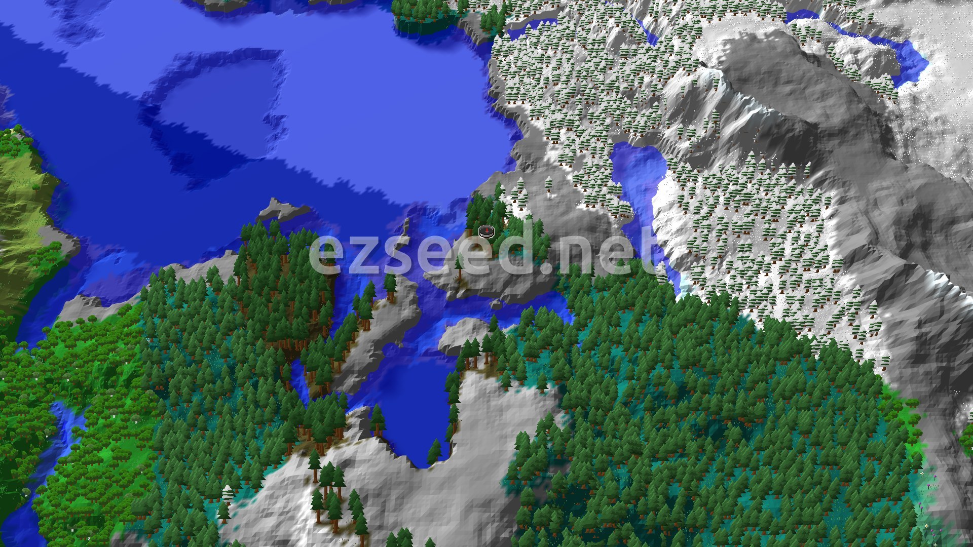 Dark green pine forest on a small rocky rise beside a cold bay, with snow-dusted spruce and grey stone slopes climbing to the east.
