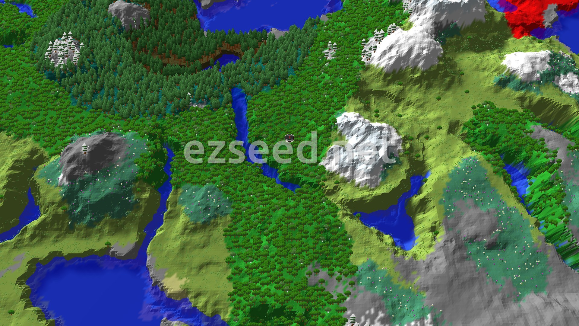 A 3D fly-over of a dense forest basin with a narrow river, snow-capped peaks on the right, meadow slopes on the left and lakes at the edges.