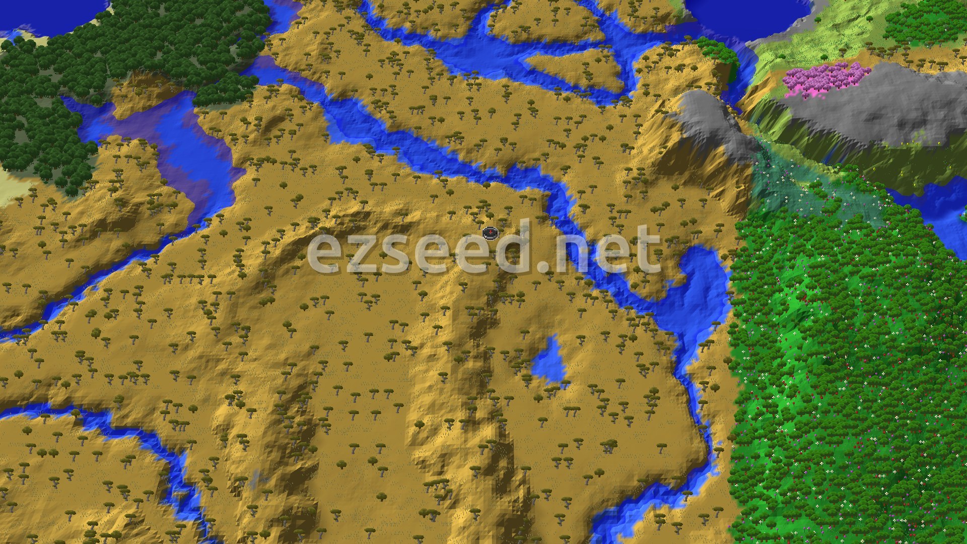 Dry golden savanna ridges dotted with flat acacia canopies, a winding river cutting across, with dense flowering forest to the east and a pink cherry grove on grey slopes in the far corner.