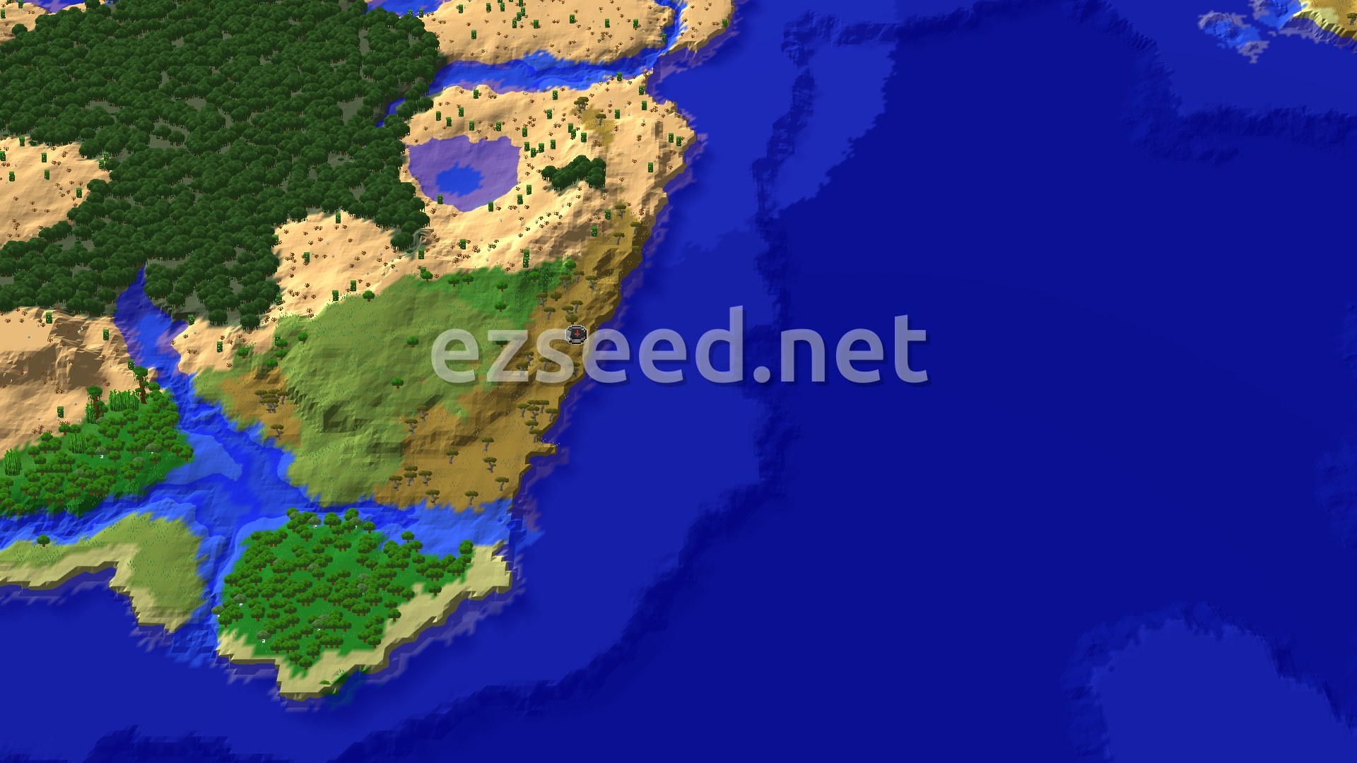 An aerial view of a varied landscape, showing a prominent green Windswept Savanna leading to a blue ocean, with patches of desert and other biomes inland.