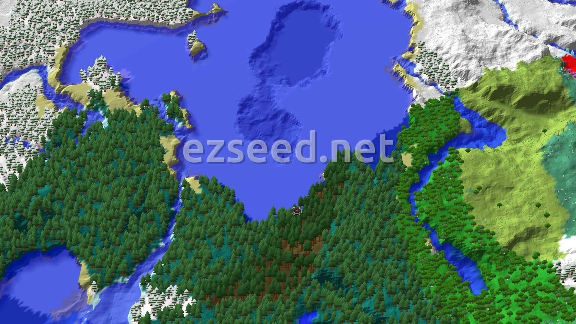 A 3D fly-over of a seed showing dense spruce forests bordering a large body of water, with snowy plains and mountains in the distance. A river snakes through the green landscape.