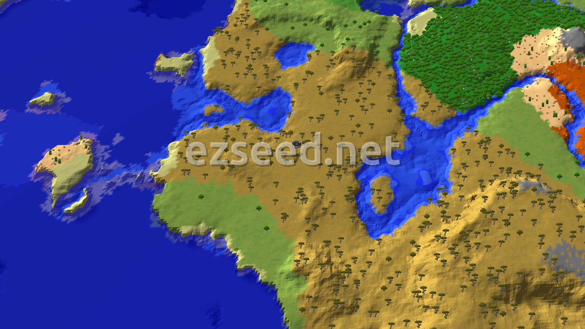 A broad savanna plain dotted with acacia trees, bordered by a large ocean to the west and south, and a large forest to the east.