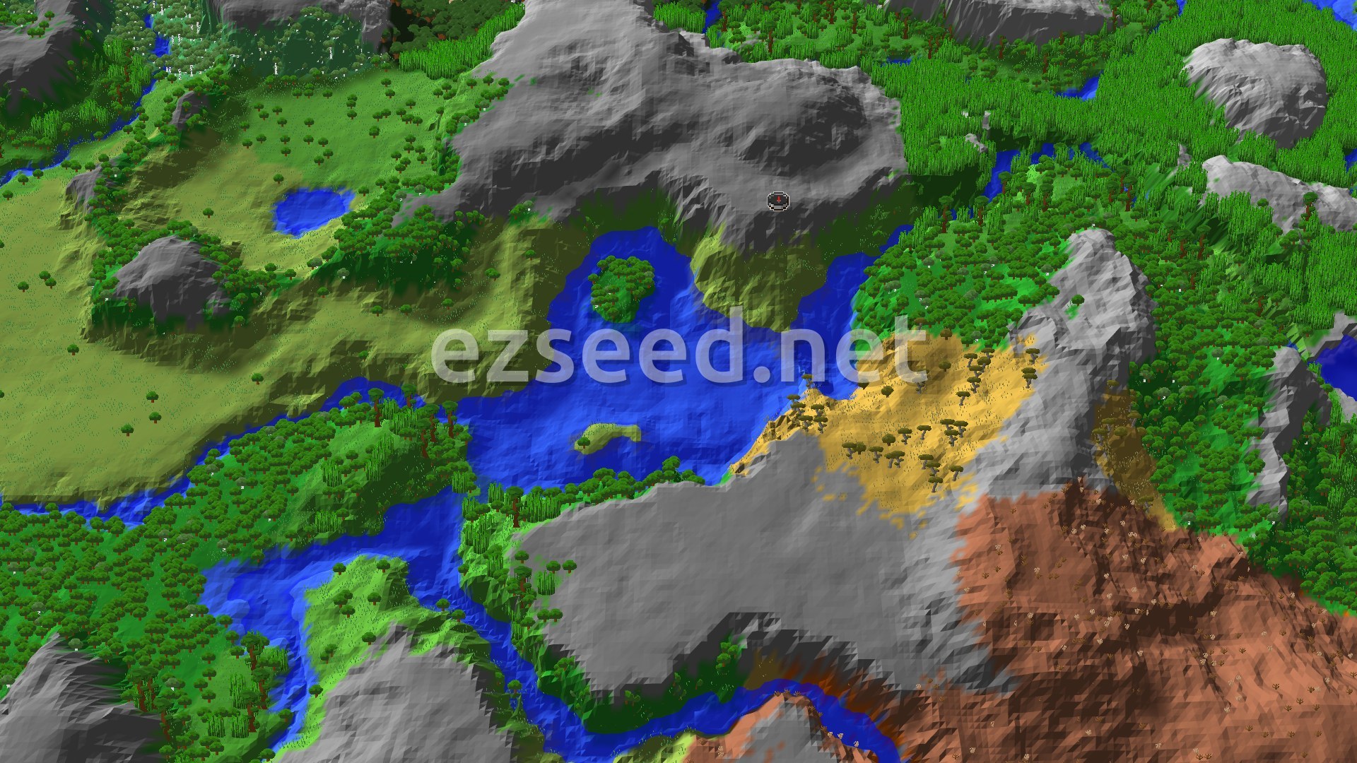 A wide blue river basin cuts between grey rocky ridges, with dense jungle canopy on the right, bright savanna ground and red badlands in the lower corner, and plains on the left.
