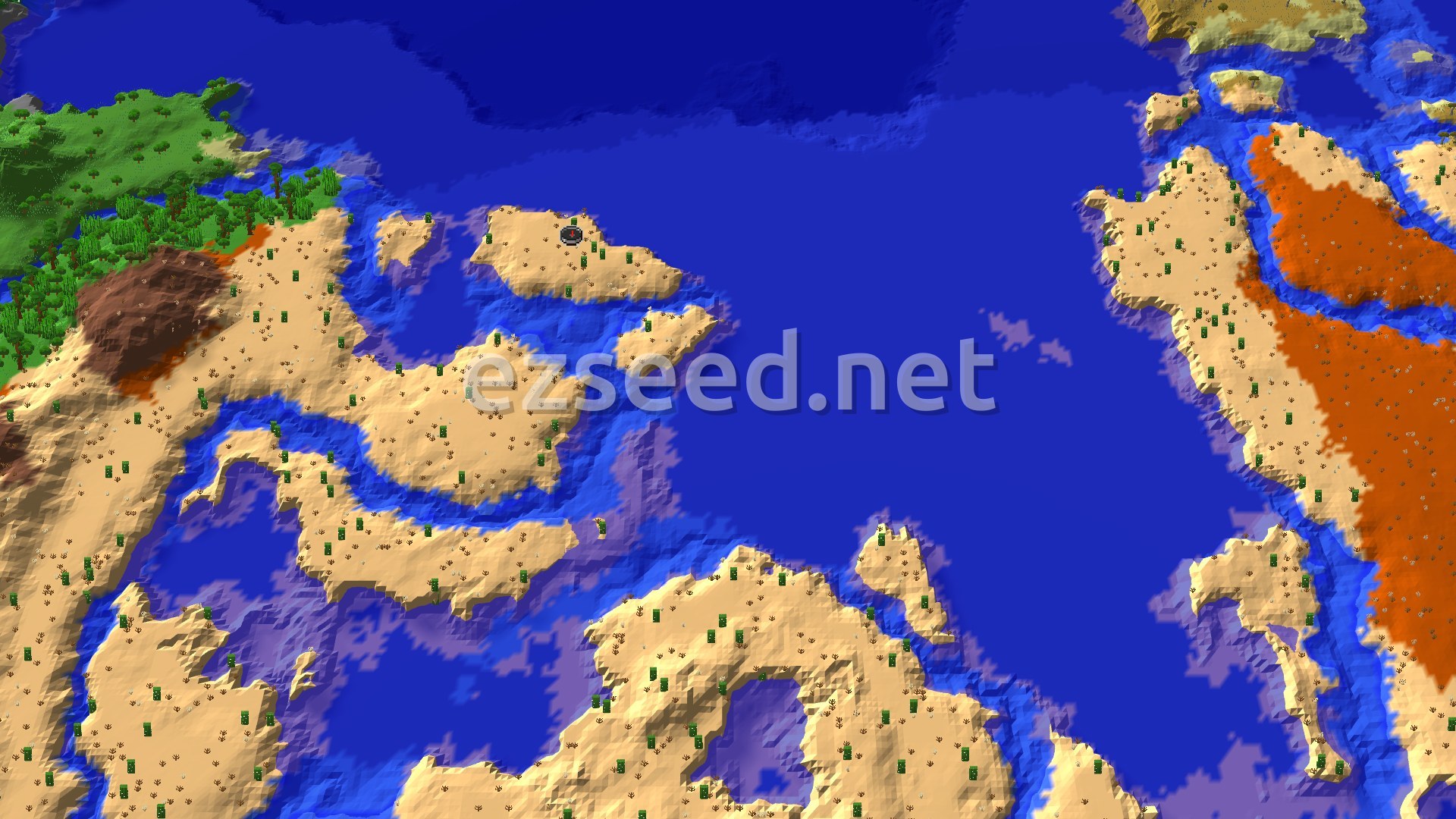 A pale desert island dotted with cacti and dead bushes sits in deep blue water, with a jungle shoreline to the west and orange badlands to the east.