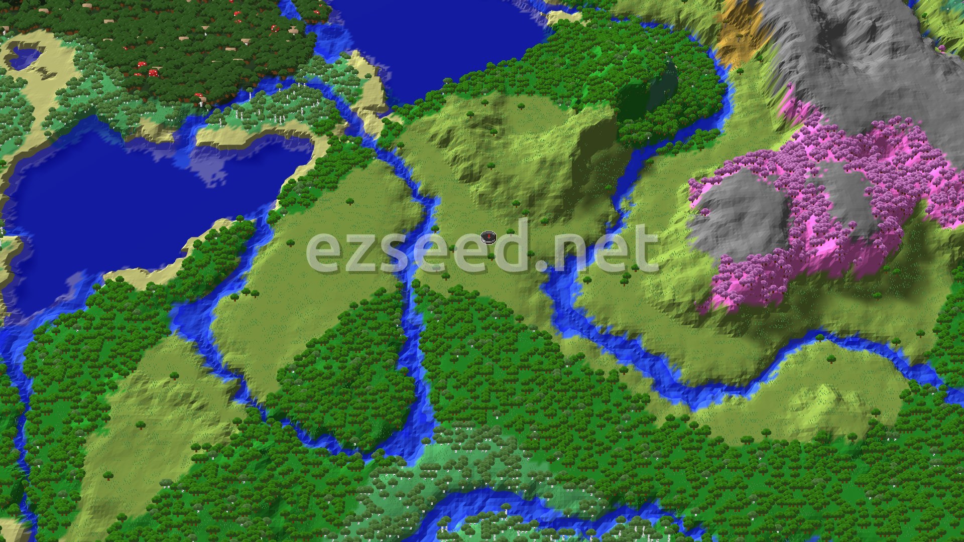 A 3D overhead view of a diverse landscape featuring a central plains area, winding rivers, dense forests, and a prominent pink-leafed cherry grove contrasting with grey mountains.