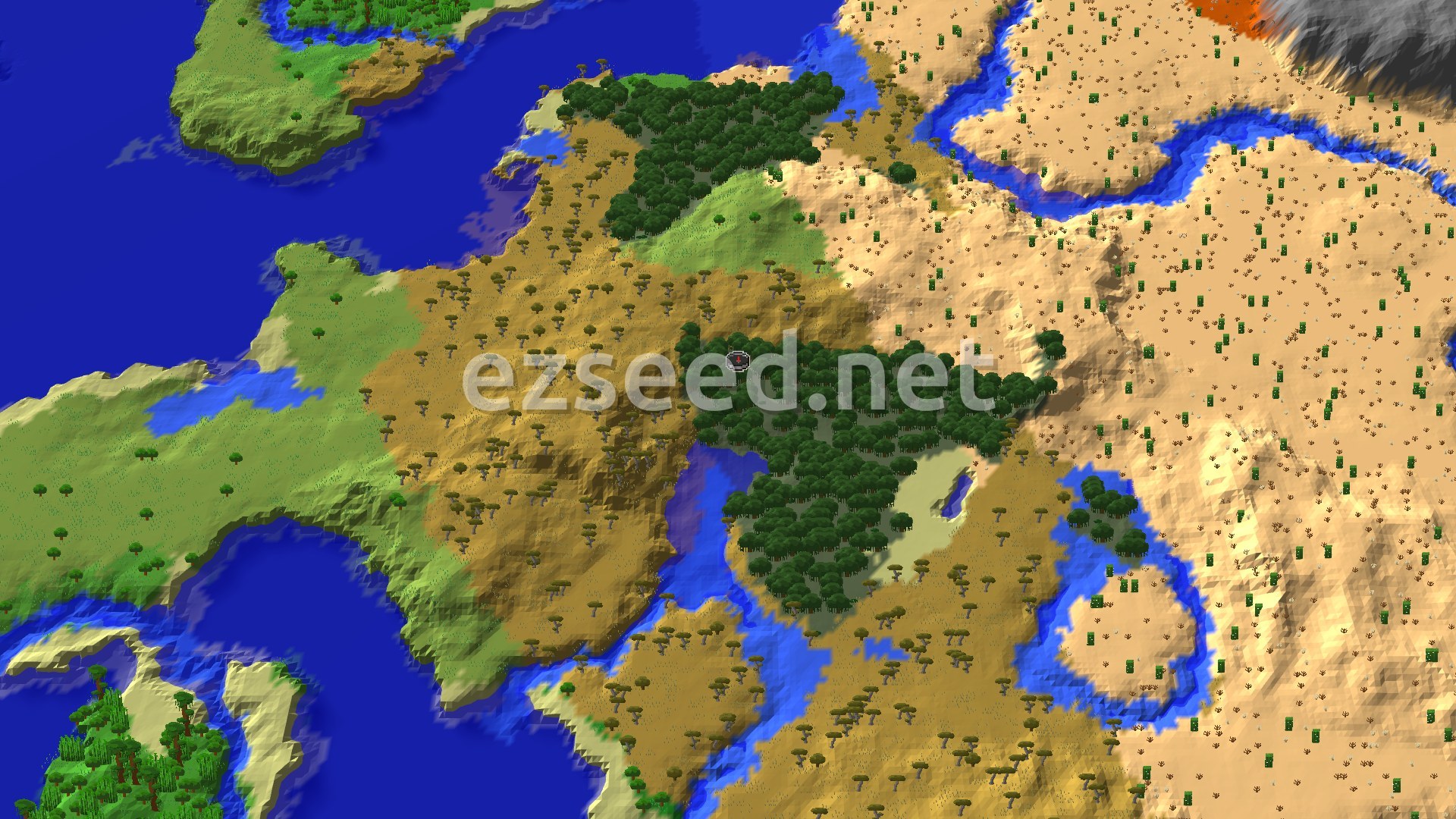 An aerial view of the spawn area, showing a dense mangrove swamp next to a savanna, bordered by plains and a large desert with scattered acacia trees and a winding river. A small marker indicates the spawn point within the swamp.