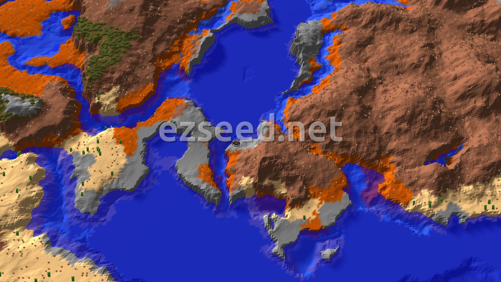 An aerial view of a rugged, colorful landscape with a mix of Badlands, Wooded Badlands, and Stony Shore biomes bordering blue ocean and rivers. The spawn marker is visible near the center.