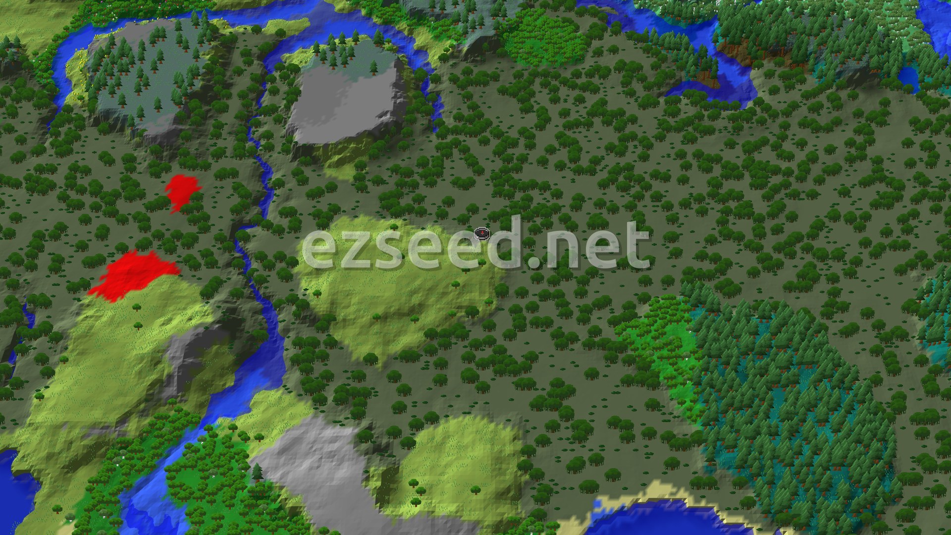 A 3D render of the world around spawn, showing rolling plains and forests, with a winding river and some higher, rocky terrain to the west. A small marker indicates the spawn point.