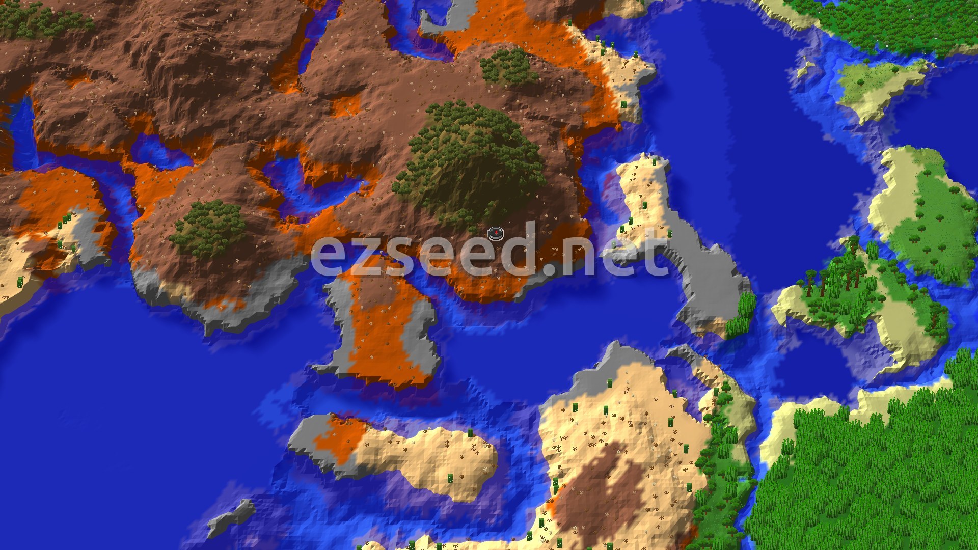 Terracotta badlands plateau with dark oak groves meets a blue bay, with sandy desert shores and jungle forest on the far side.