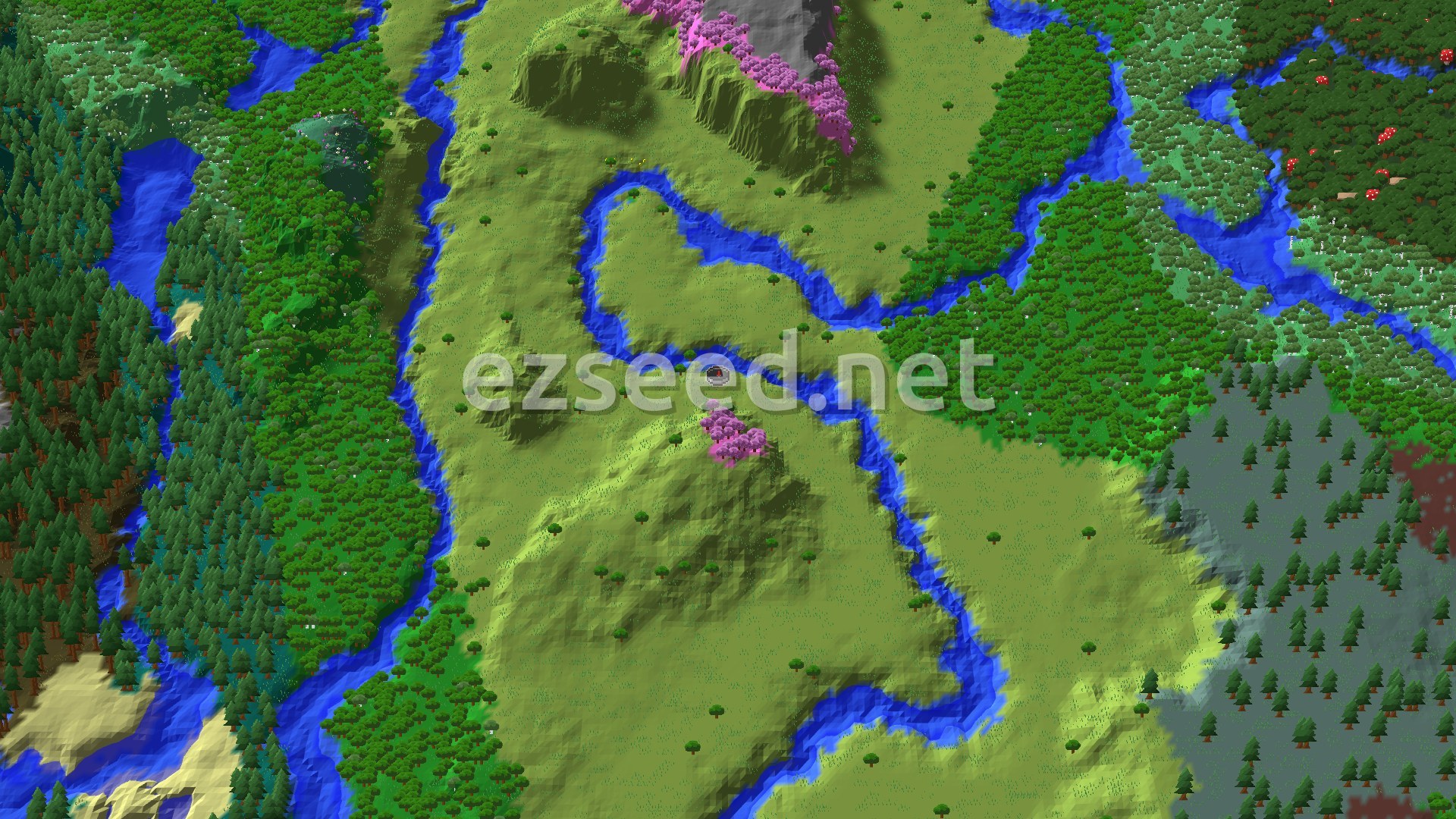 An overhead view of a green plains biome with winding blue rivers, bordered by dense forests. A distinctive pink cherry blossom hill stands out near the center, and a subtle spawn marker is visible.