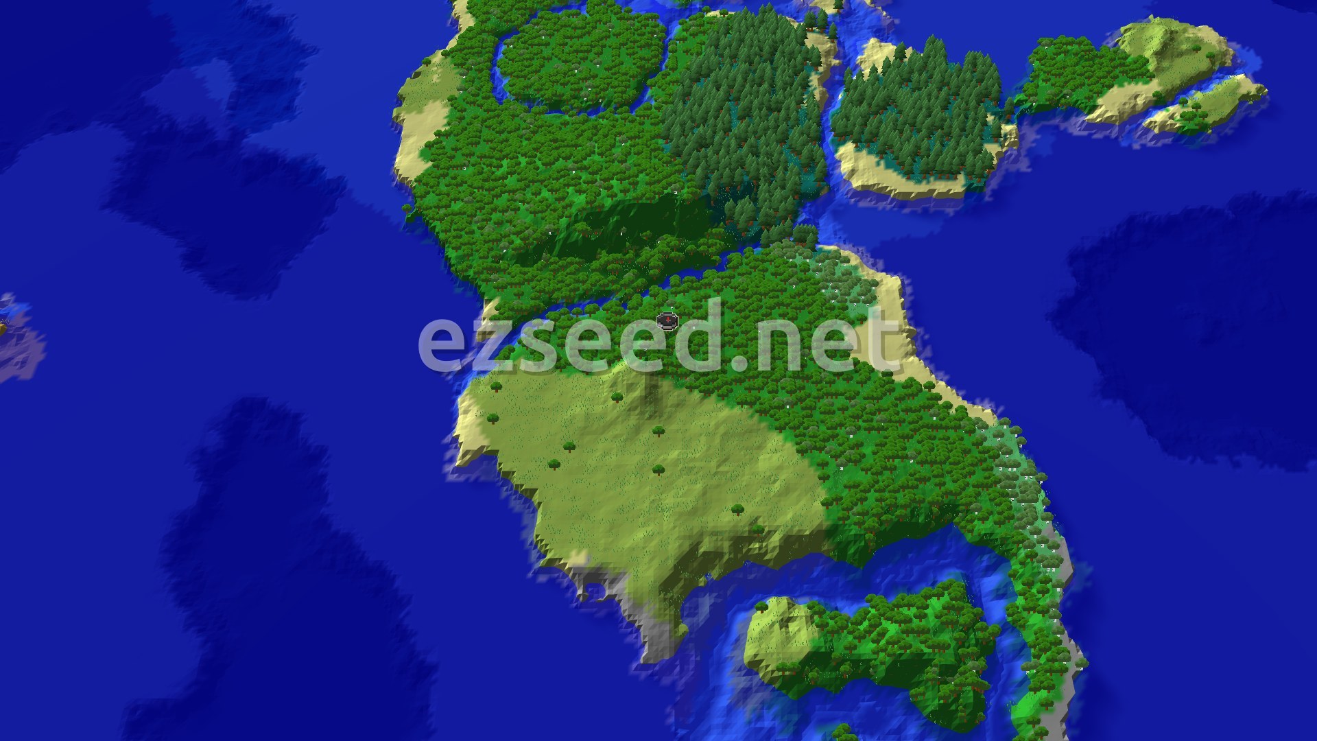 An aerial view of a large, verdant island covered in dense forests and some open plains, surrounded by blue ocean water. A small marker indicates the spawn point in the forest.