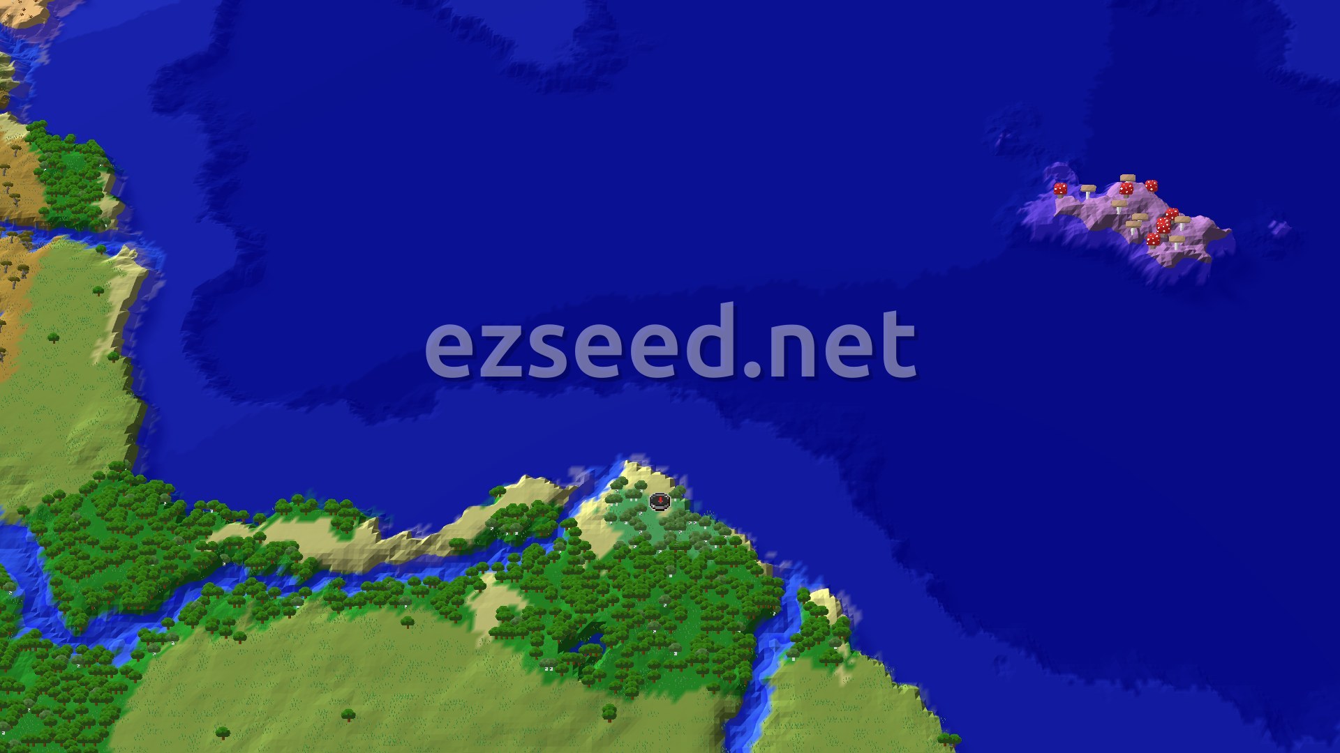 A 3D render of the world showing a landmass with forests and beaches, and a small island covered in red mushrooms in the distant ocean.