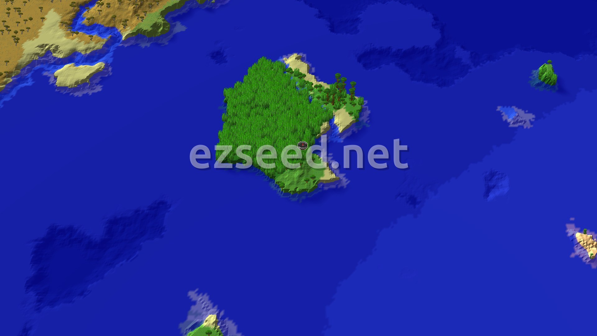 A bamboo-covered island ringed by sand and a few jungle trees, floating in deep blue ocean, with a desert coast and small islets in the distance.
