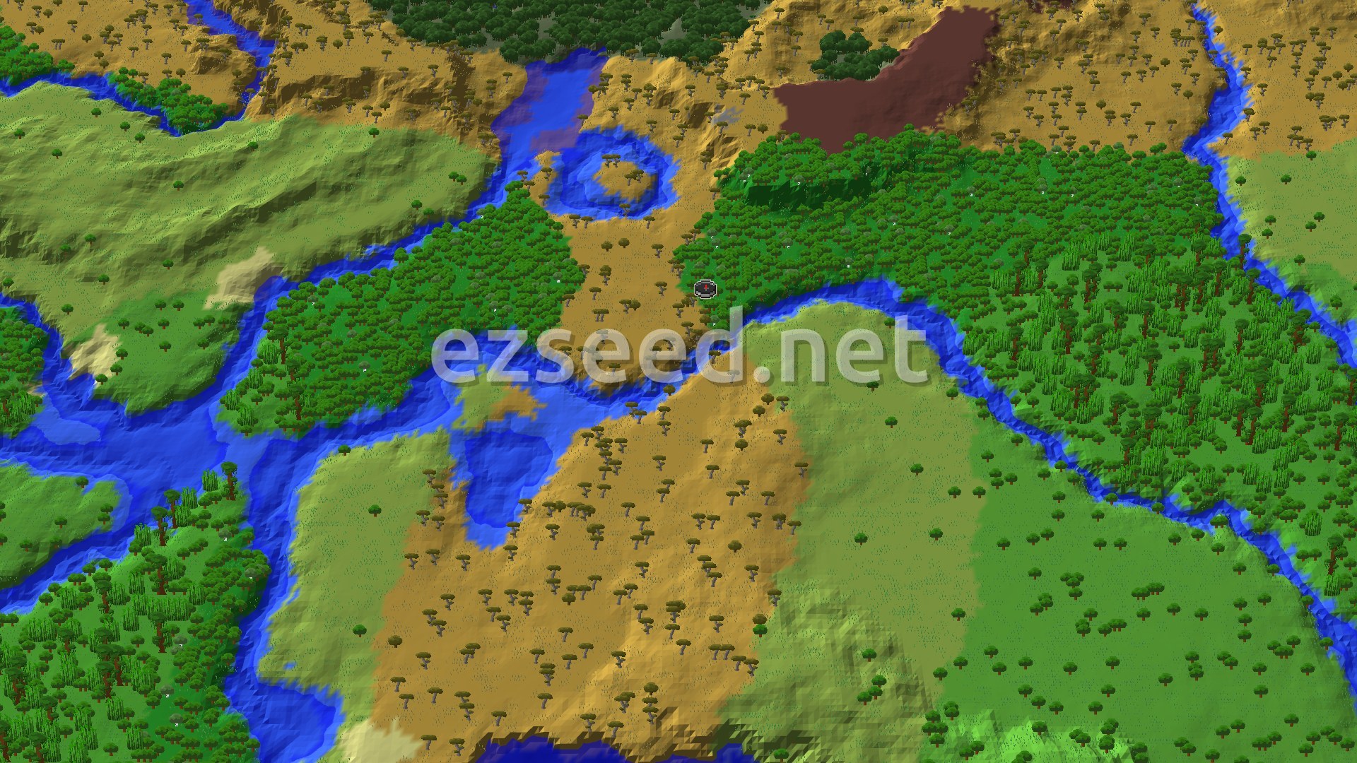 A fly-over of a dark forest edge meeting open savanna, with a winding river cutting through green plains and jungle to the east.