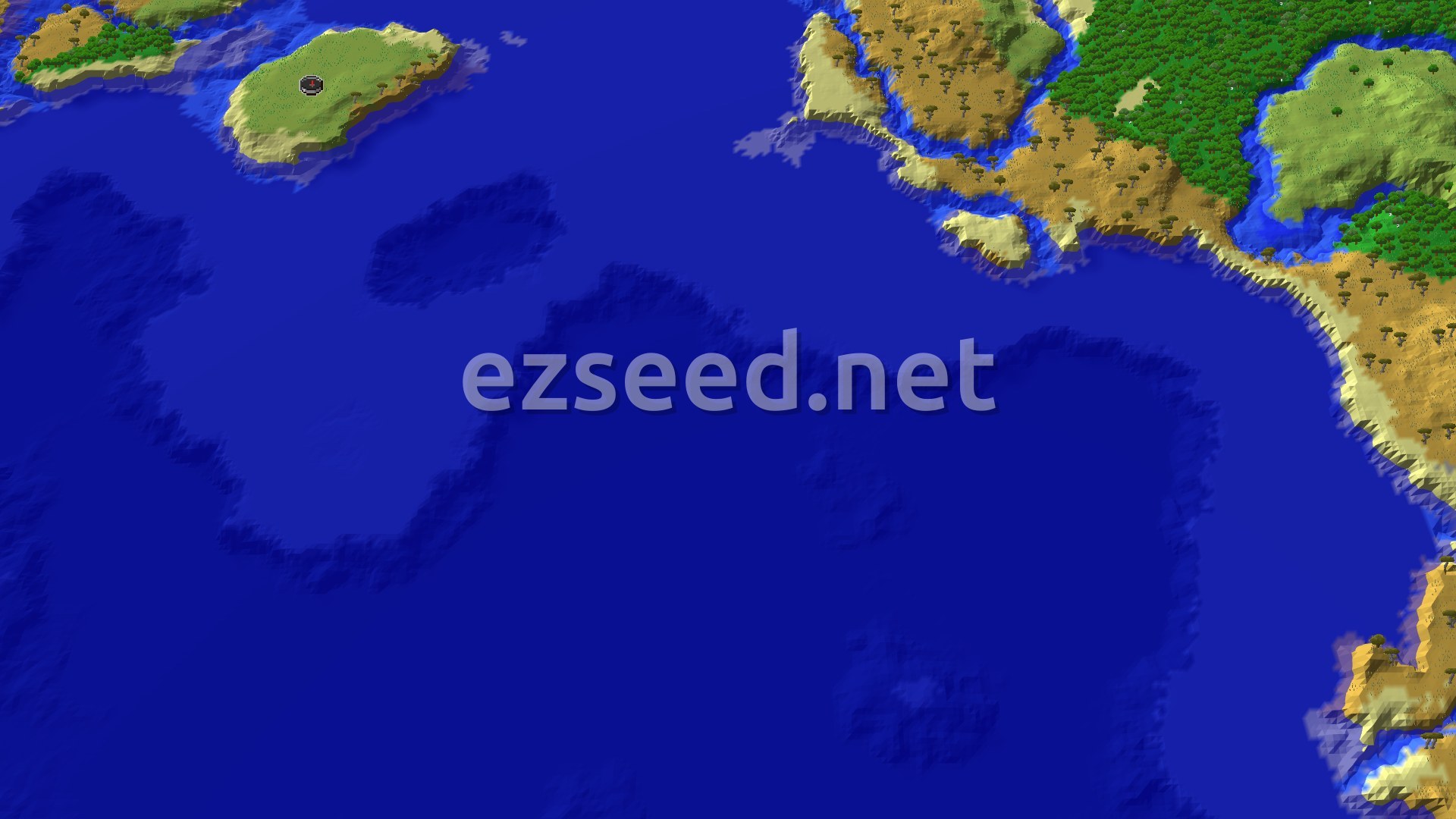 A small green island with a sandy rim sits in open blue ocean at the upper left, with a savanna and forest coastline running down the right side.