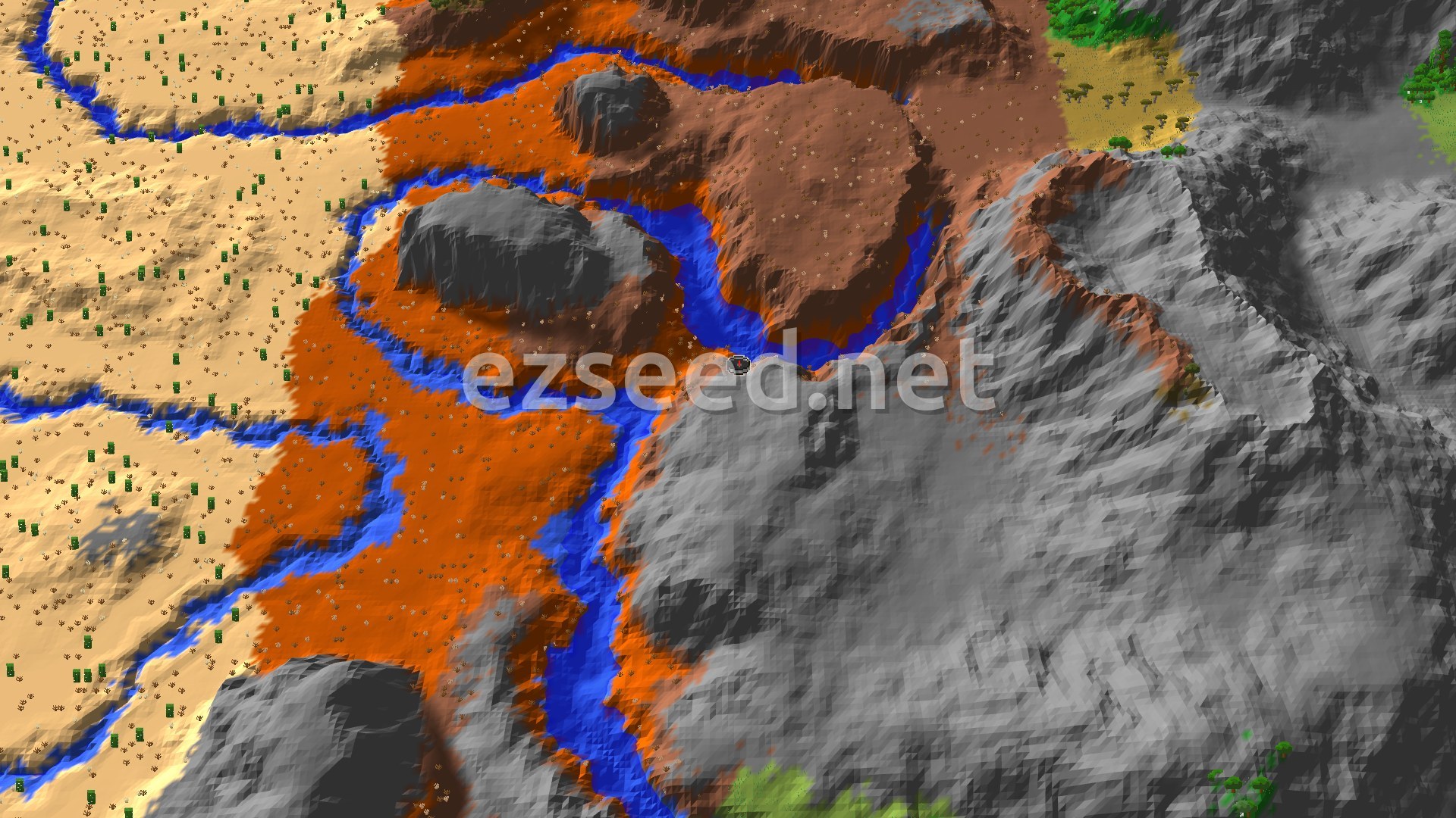 An aerial view showing a spawn point at the edge of orange Badlands, bordered by a blue river and grey Stony Peaks, with lighter sandy deserts further out.