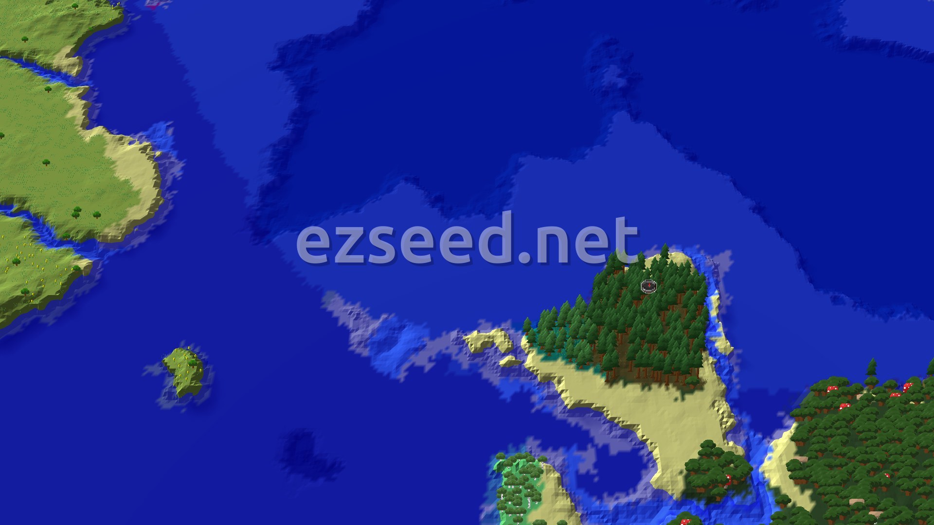 An aerial view of a large, tree-covered island surrounded by ocean, with a small spawn marker in the center.