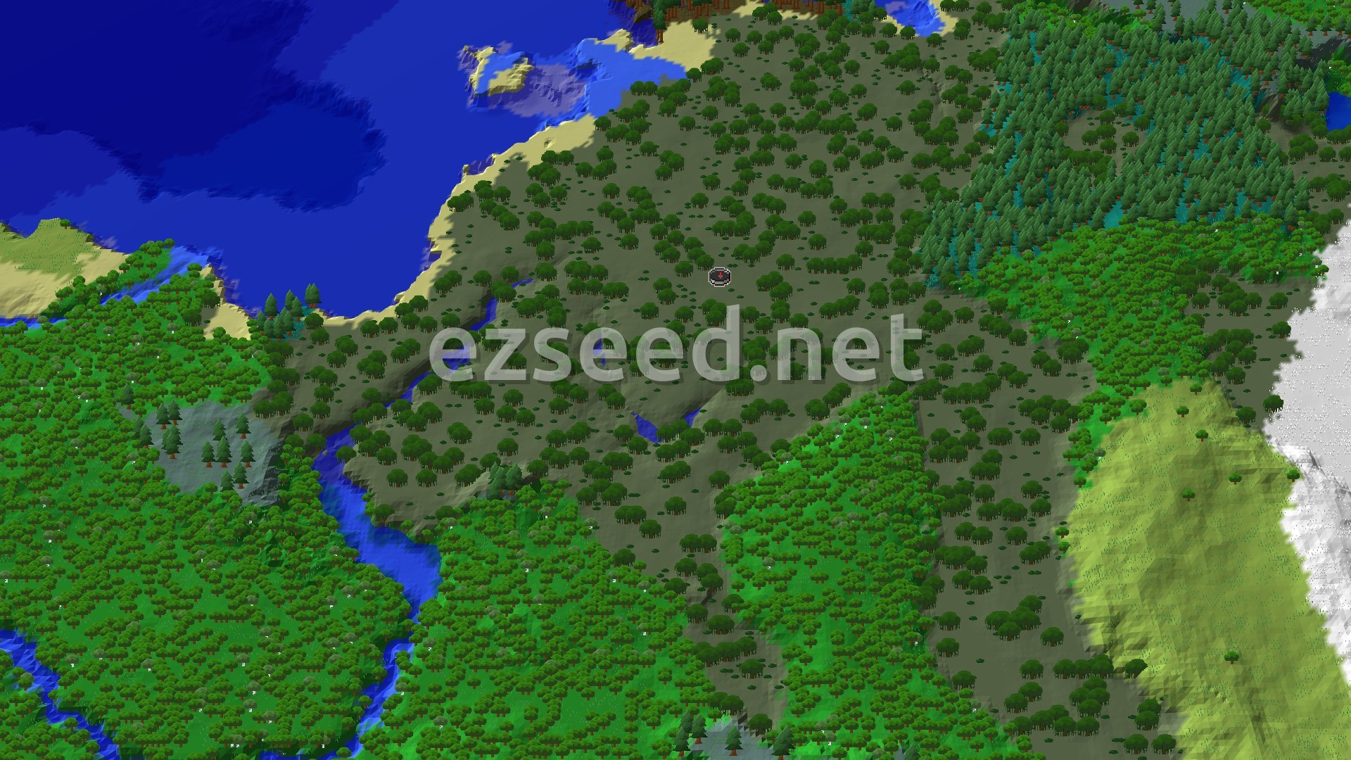 An overhead view of a diverse landscape featuring a mix of green forests, a winding blue river, and a small snowy patch in the distance.