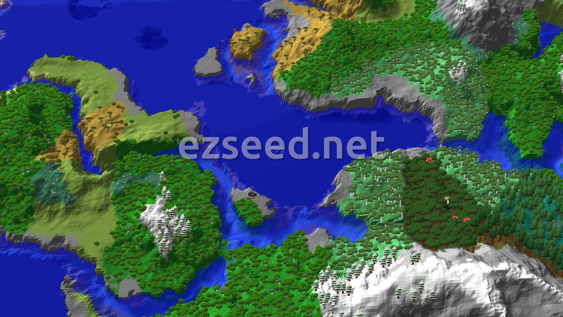 A fly-over of a small grey rocky shore at the centre of a wide bay, ringed by forested coastline, a savanna headland and snow-capped hills.