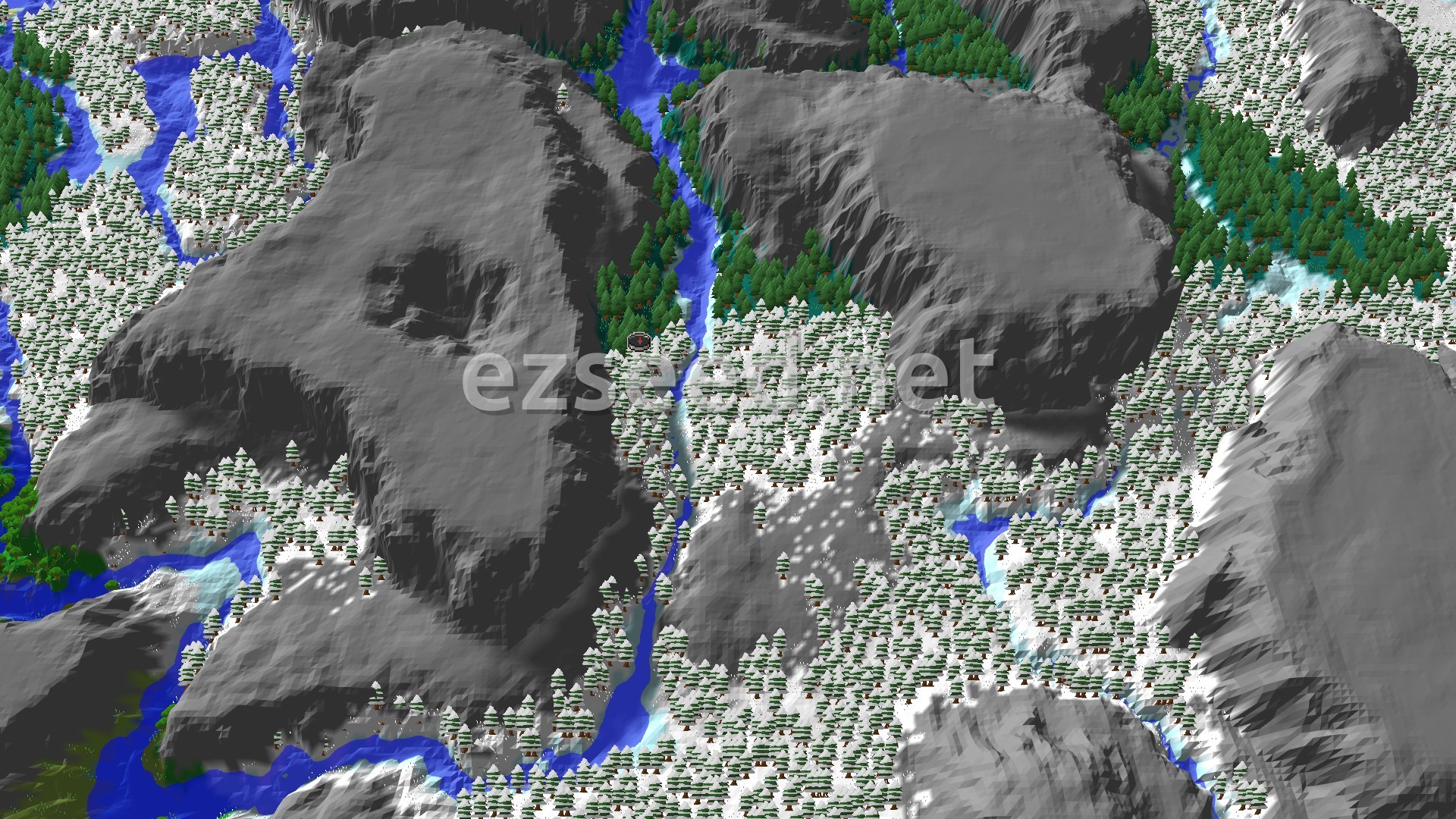 A fly-over of bare grey stone ridges above a snowy spruce forest, with blue frozen rivers winding between them and a small spawn marker at the centre.