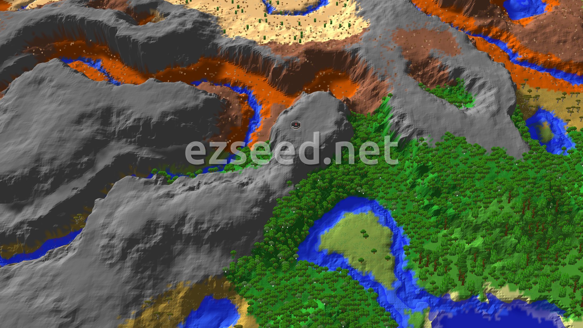 A grey stone ridge at spawn with orange and brown badlands terraces to the north, dense green forest to the east and south, and rivers and a small grassy island in the foreground.