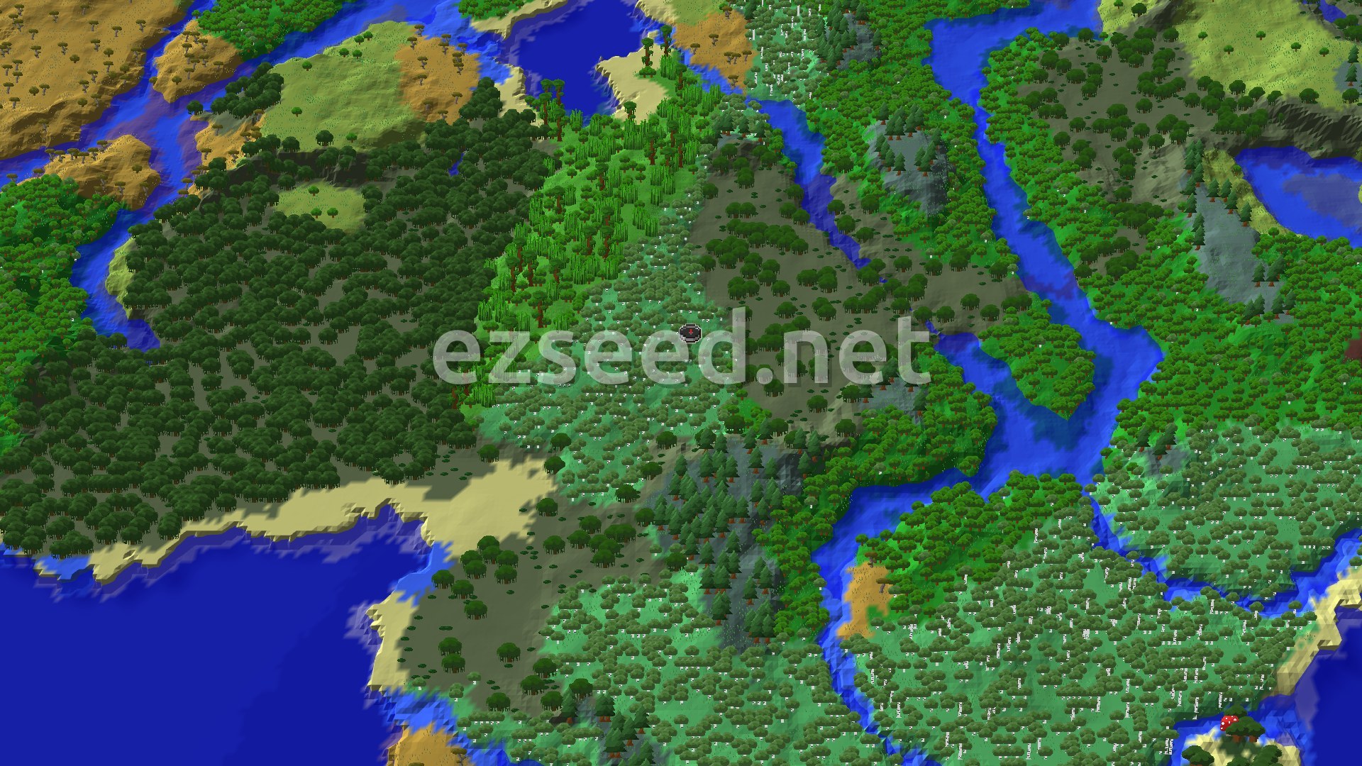 An aerial view shows a dense forest with a river winding through it, leading to a large body of water. Sandy beaches line the coast.
