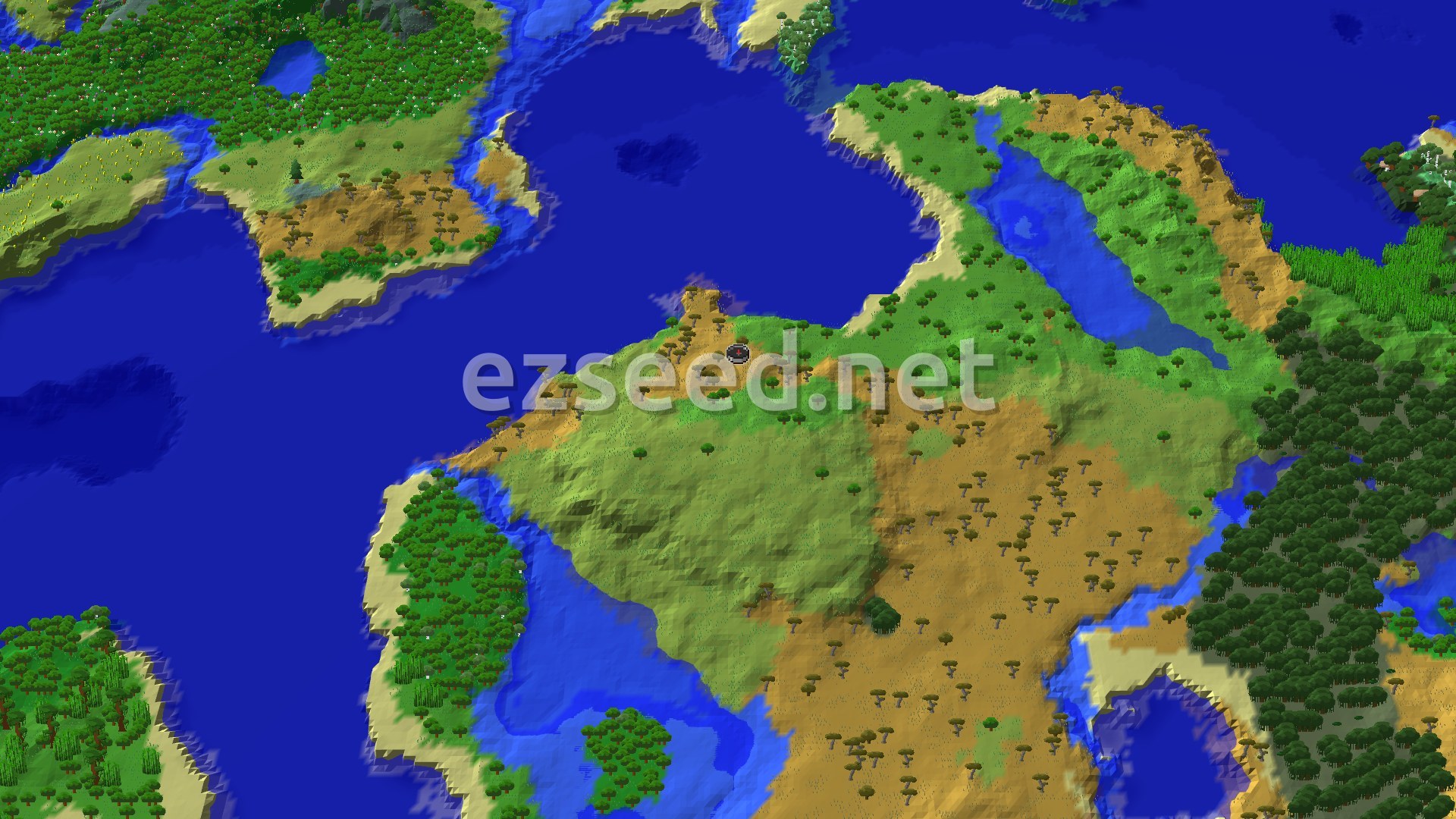 A 3D fly-over of a savanna and grassland headland ringed by blue ocean, with a long inland lake to the east and dark forest along the right edge.