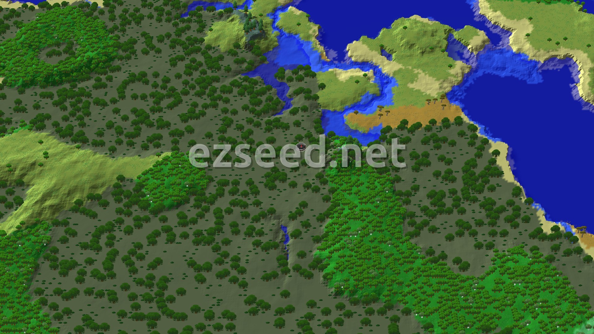 A fly-over of dark swamp trees dotted with water, green forest patches, a blue lake and coastline to the north and east, and pale hills to the west.
