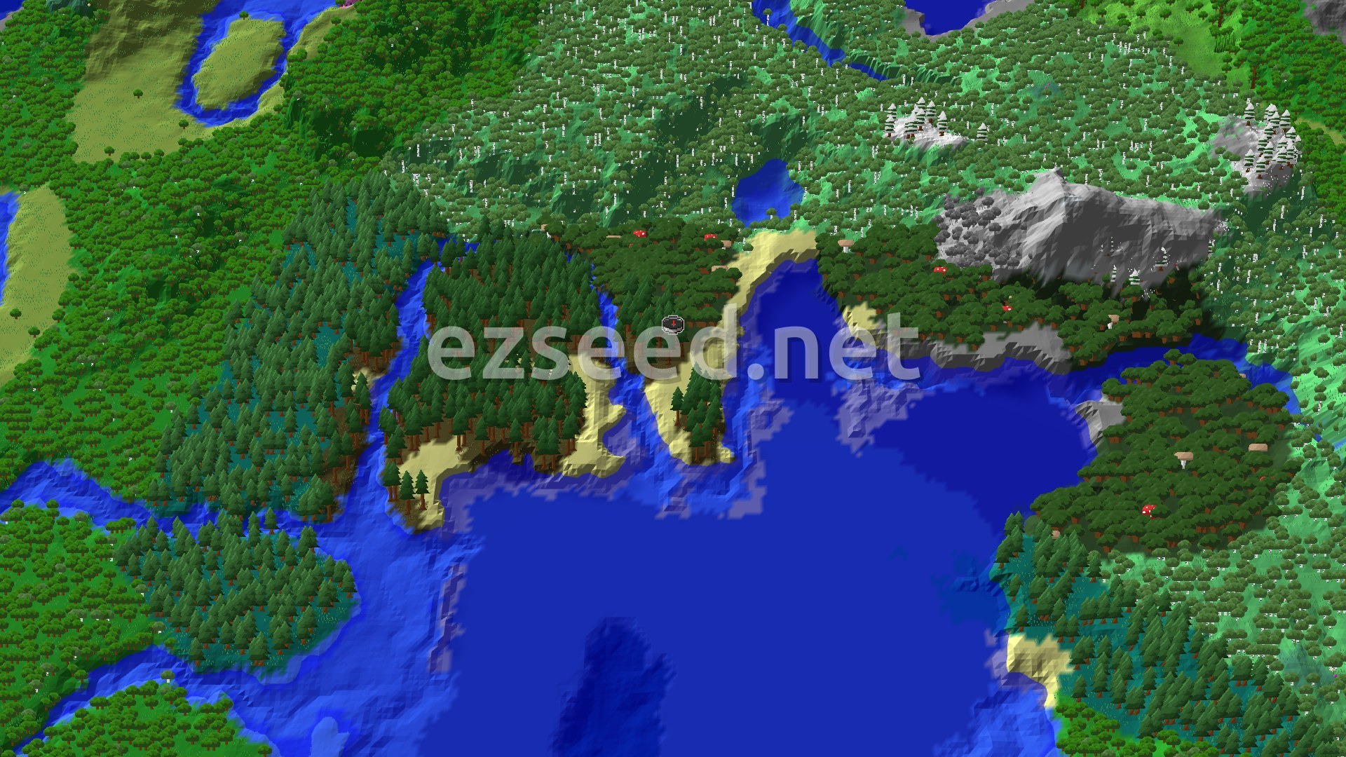 A 3D fly-over of a verdant landscape with dense forests, a large body of water, and some mountainous terrain in the distance.