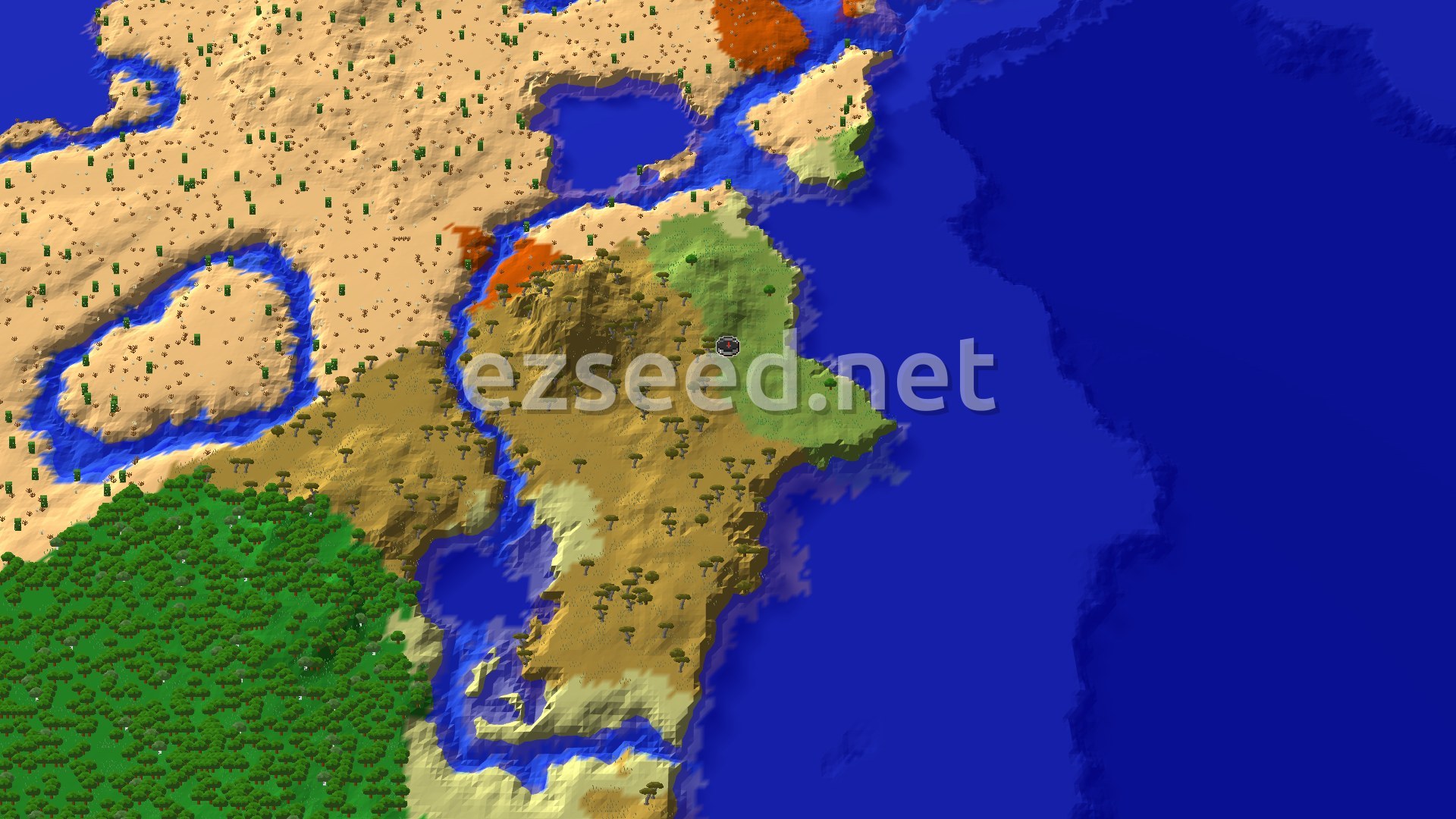 A savanna and plains headland juts into a wide blue ocean, with sandy desert and orange badlands to the north and west and dense forest at the lower left.