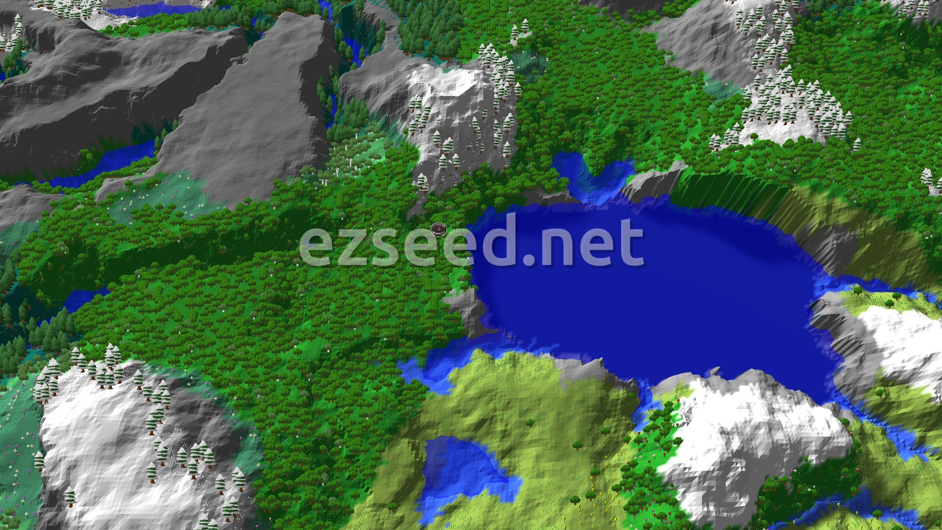 A 3D fly-over of a verdant forest valley, ringed by mountains, with a large lake in the foreground.