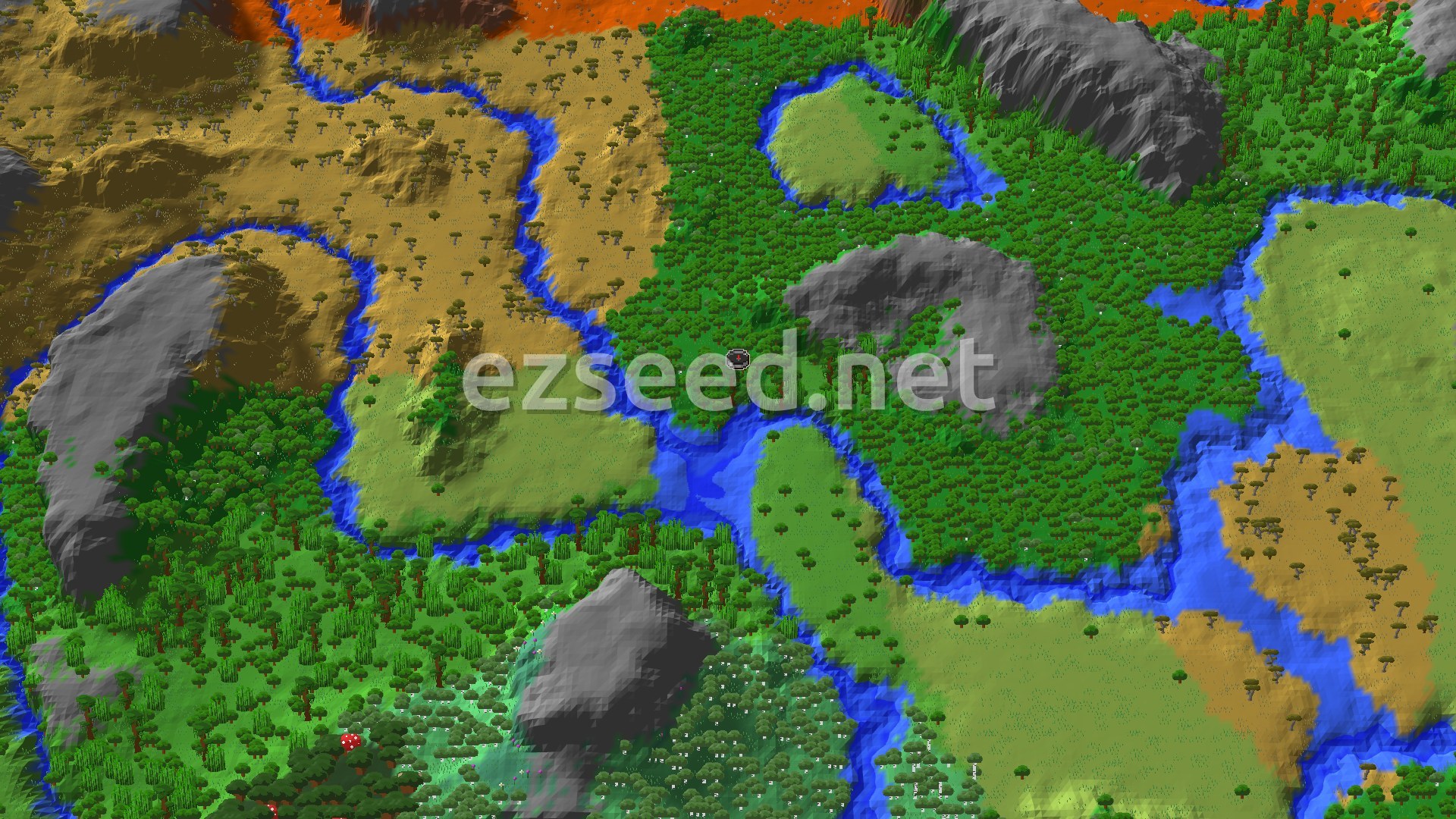 Aerial Minecraft seed map — Jungle Temple Past a River, With Savanna and Badlands