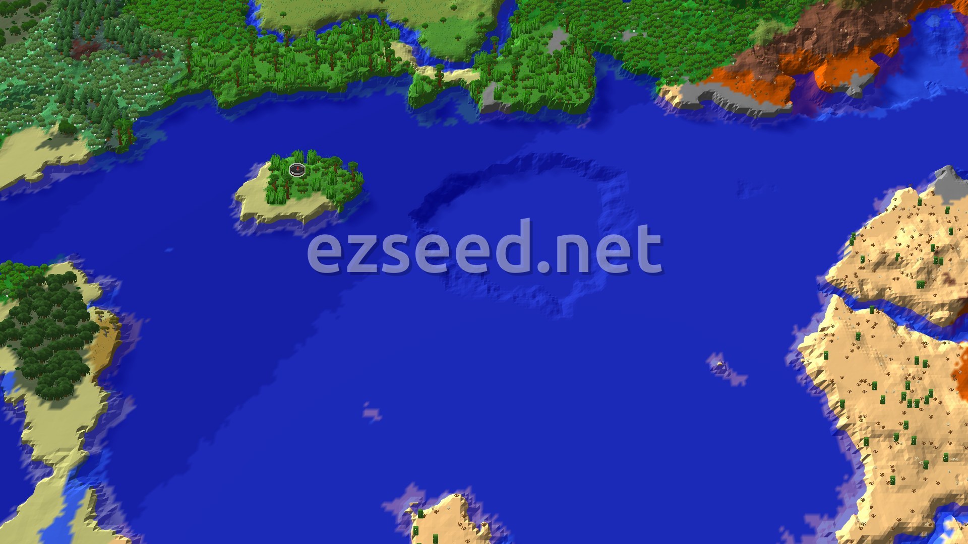 A small jungle island with a sandy beach sits in open blue water, with forest and desert coastline on the far shores and a spawn marker among the trees.