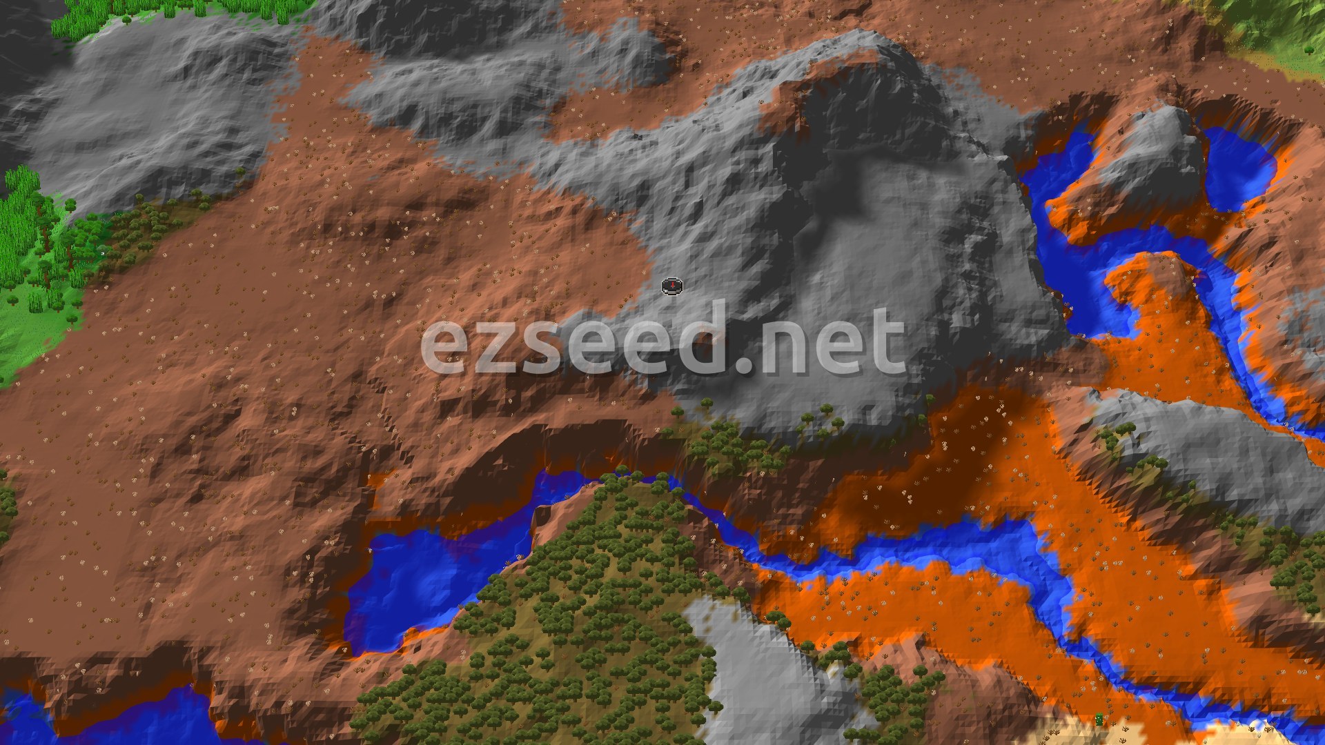 A 3D fly-over of red and orange badlands terraces cut by blue rivers, with grey stone ridges and dark green wooded mesa tops around the spawn marker.