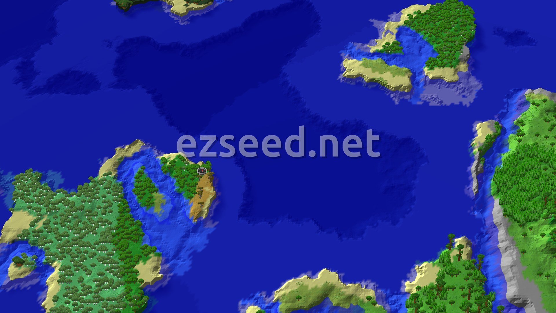 A small island of forest and a tan savanna strip with a spawn marker, surrounded by deep blue ocean and larger forested landmasses at the edges.