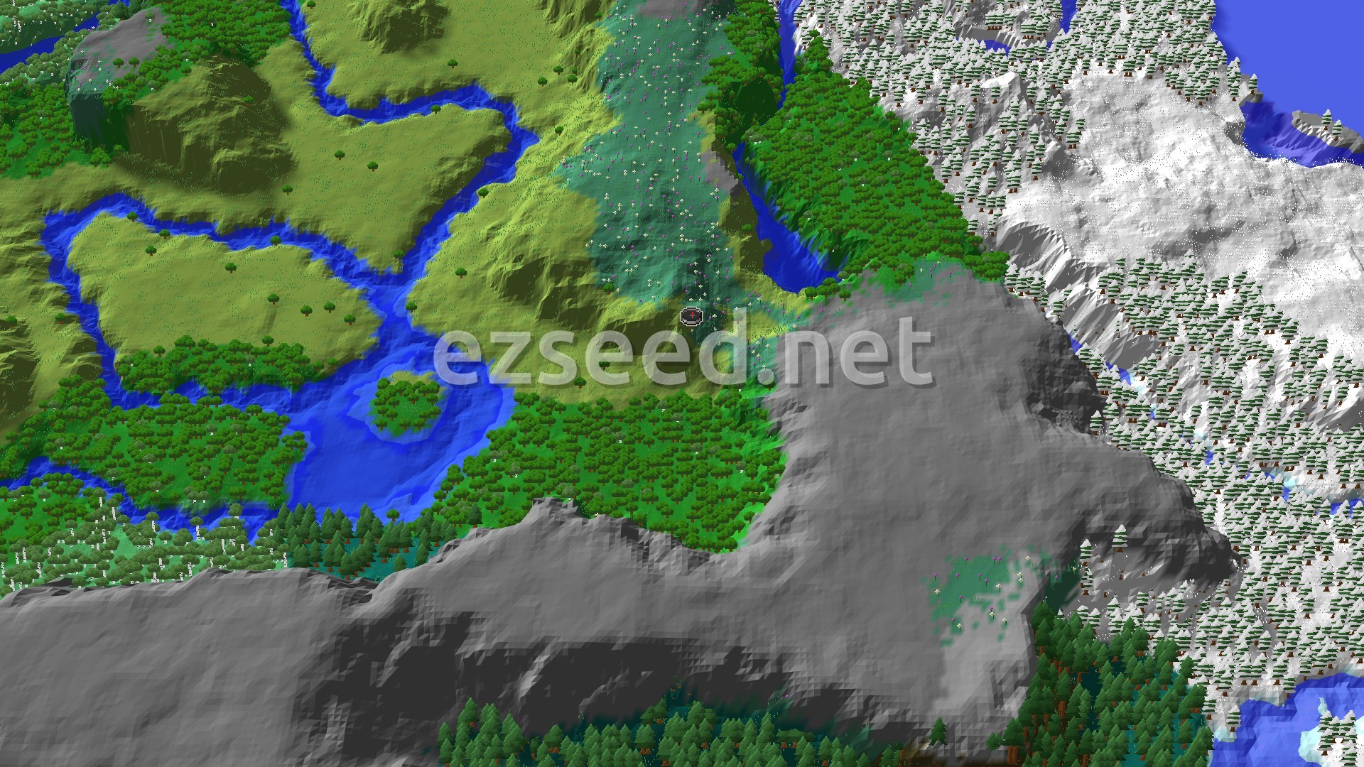 A flowered meadow slope above a winding river, with oak forest to the south, a bare grey ridge below and snow-covered spruce forest to the east.