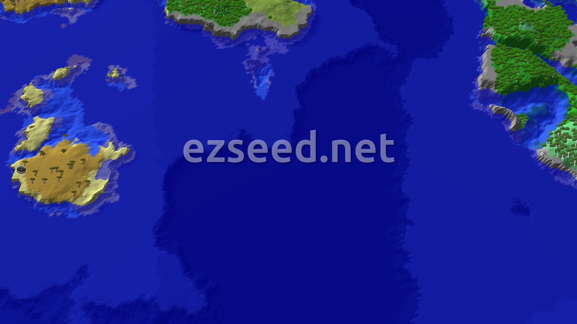 An aerial view shows a large savanna island with scattered trees, surrounded by blue ocean. A small spawn marker is visible on the island.