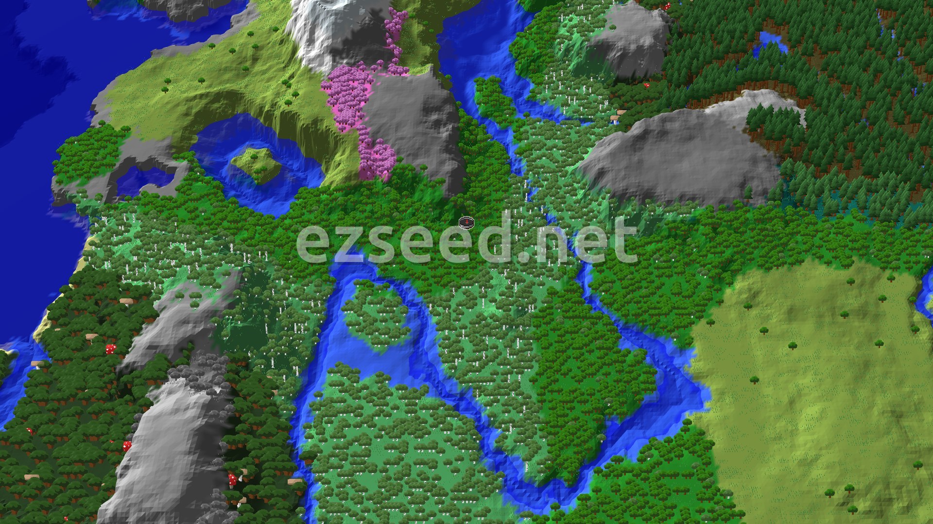 An aerial view of a varied landscape, showing dense green forests, winding blue rivers, patches of pink cherry blossom trees, and grey mountainous terrain. A small spawn marker is visible near the center.