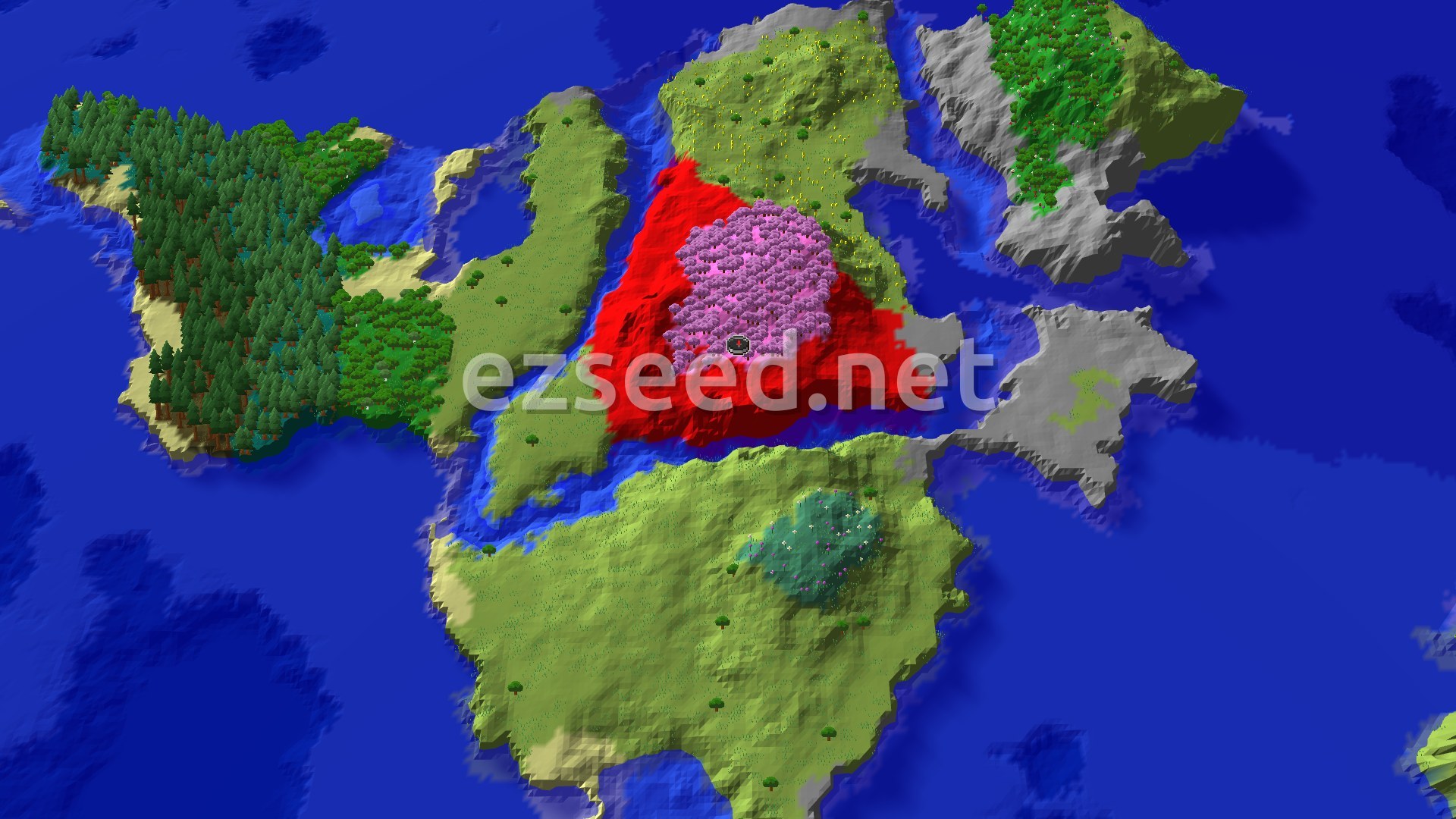 A 3D overhead view of a large island surrounded by blue ocean. The island features a prominent pink-leafed Cherry Grove biome near the center, surrounded by green plains and some darker green forests. A small spawn marker is visible within the Cherry Grove.