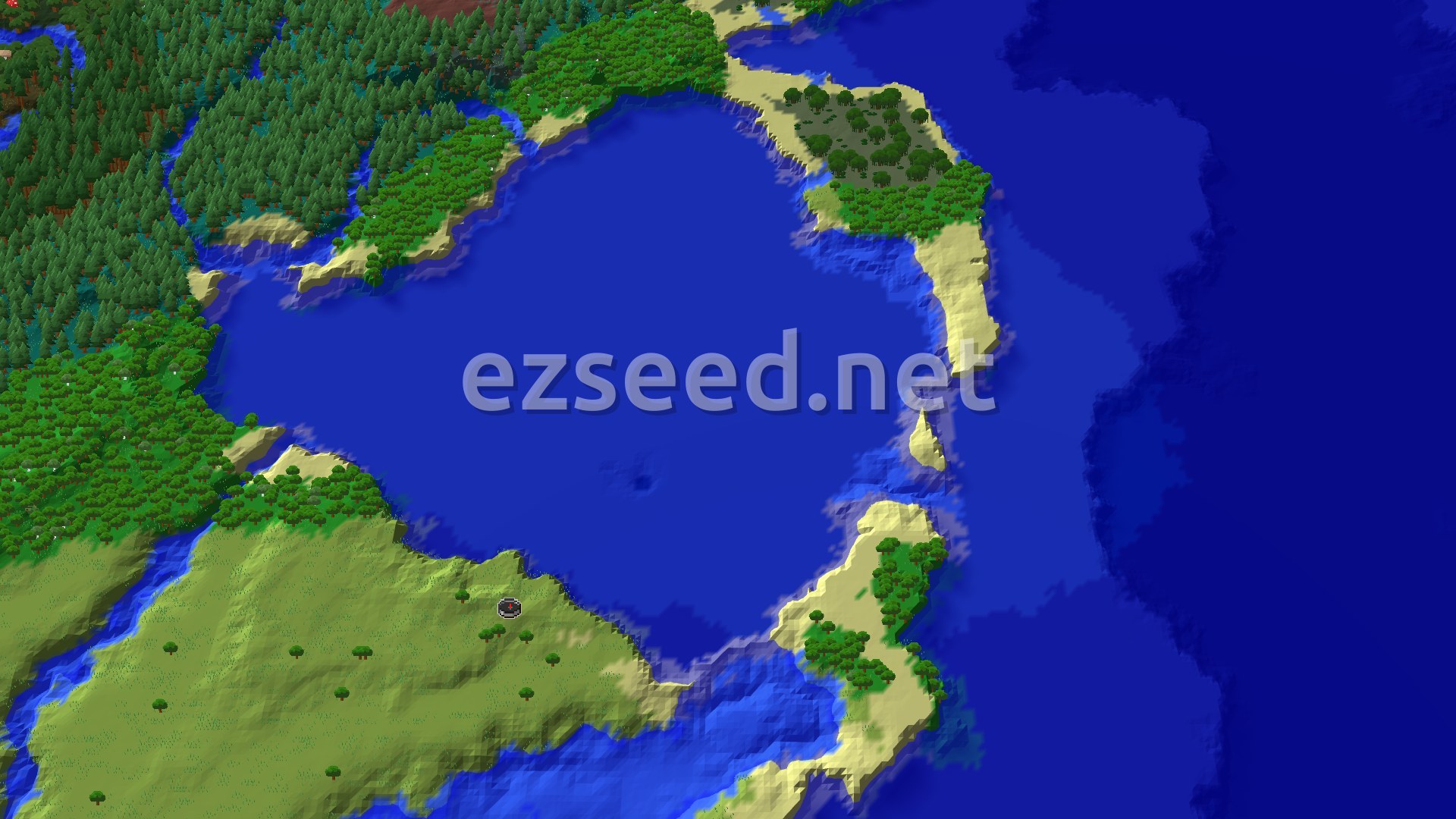 A fly-over of a wide blue bay, with open grassy plains on the near shore, sandy spits to the east, and dense green forests and dark spruce stands across the water.