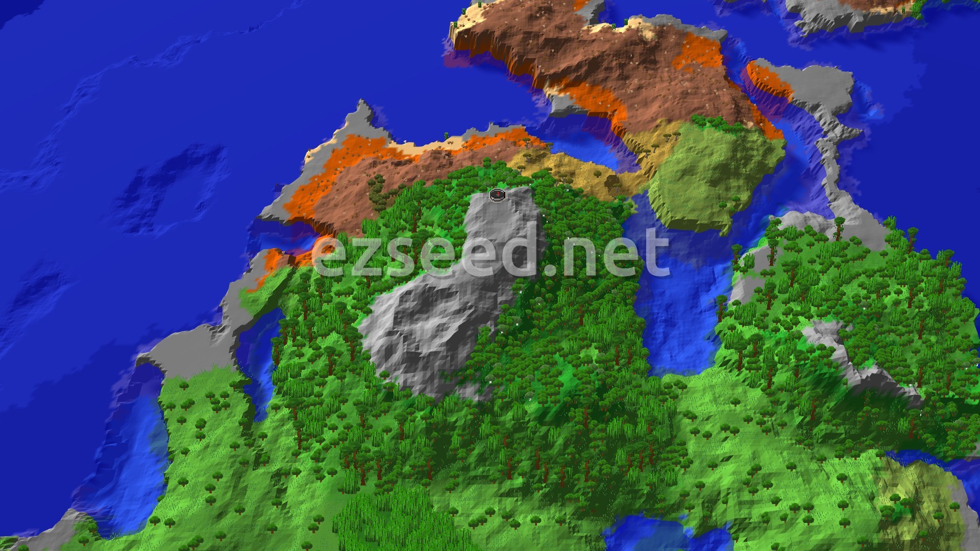 A grey stone peak rises out of dense jungle, with orange and brown badlands along the coast and deep blue ocean on every side.