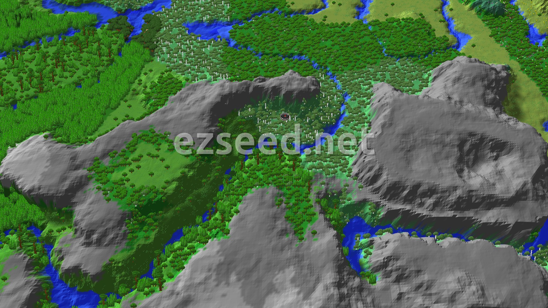 A fly-over of a low birch-forest basin, with a river curling past its edge and bare grey ridges rising on every side.