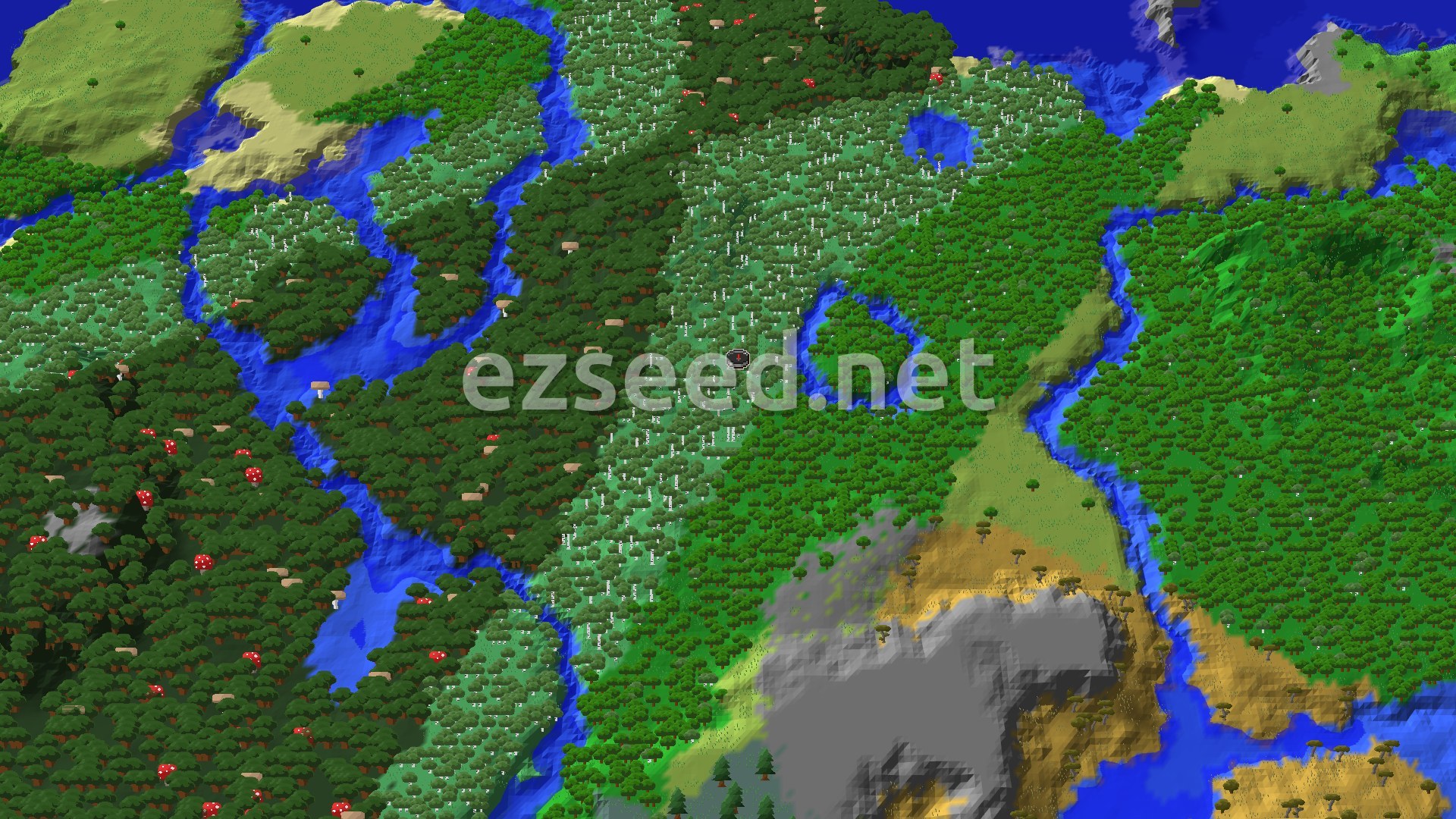Aerial Minecraft seed map — Woodland Mansion with a Dark Forest River