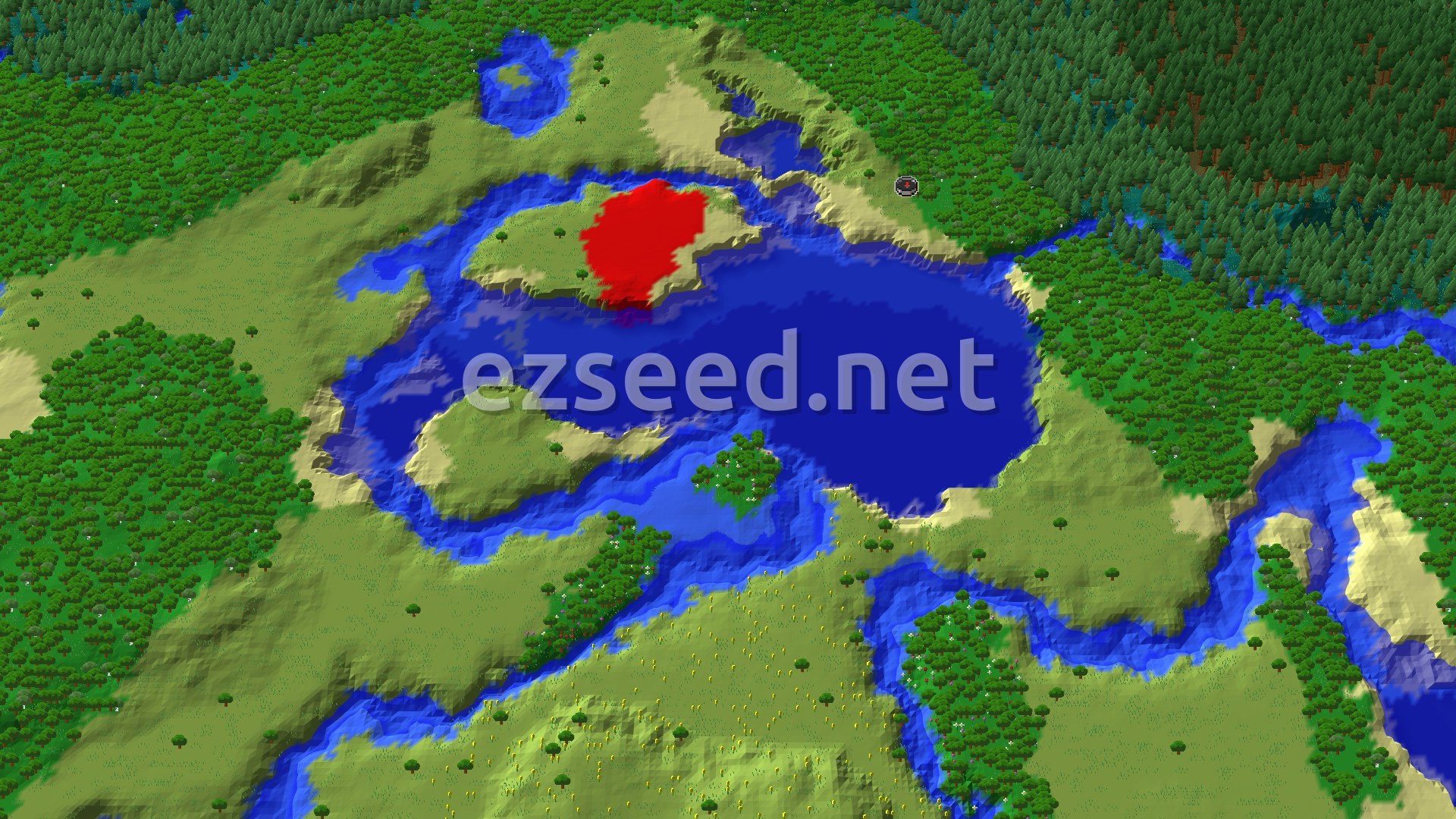 An aerial view shows a sprawling lake bordered by light green plains and darker green forests, with a small red spawn marker in the center.