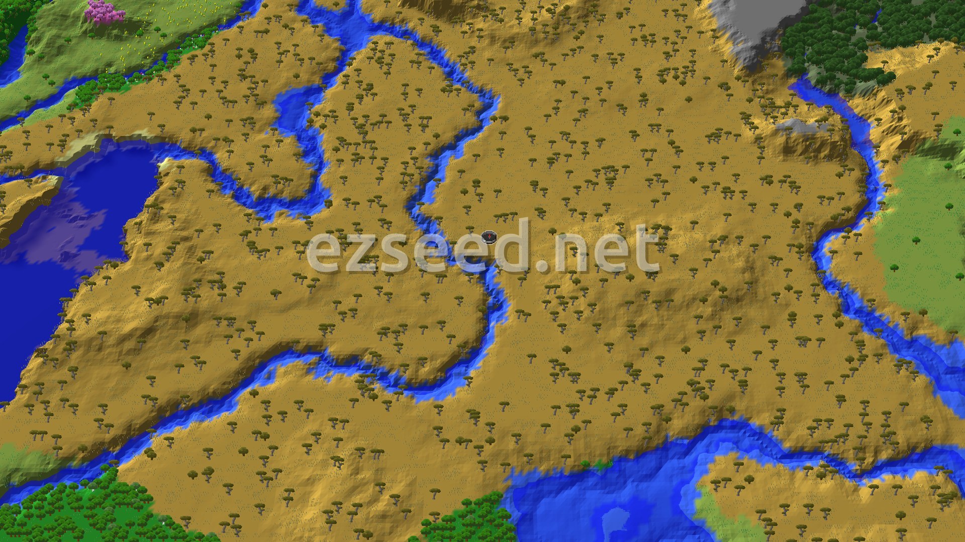 A flat golden savanna dotted with acacia trees, split by winding rivers, with forest and a pink cherry patch at the edges and a large lake to the west.