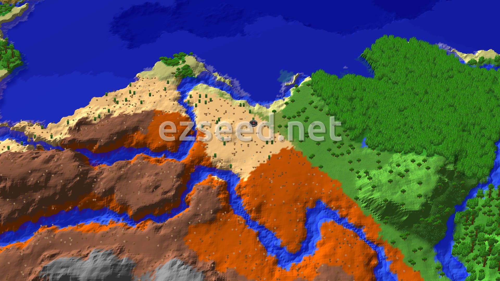 Aerial Minecraft seed map — Eroded Badlands and Bamboo Jungle on a Desert Coast