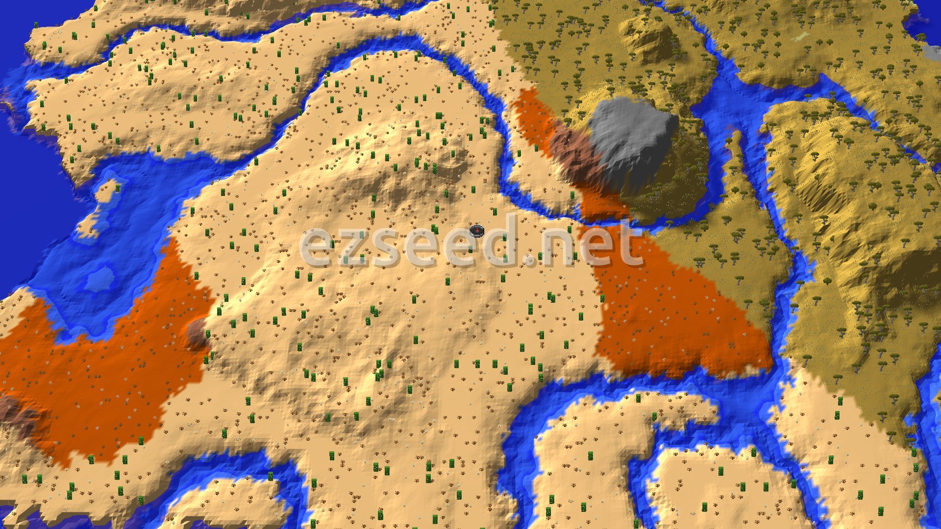 Aerial Minecraft seed map — Double Desert Village With a Pyramid 120 Blocks Out