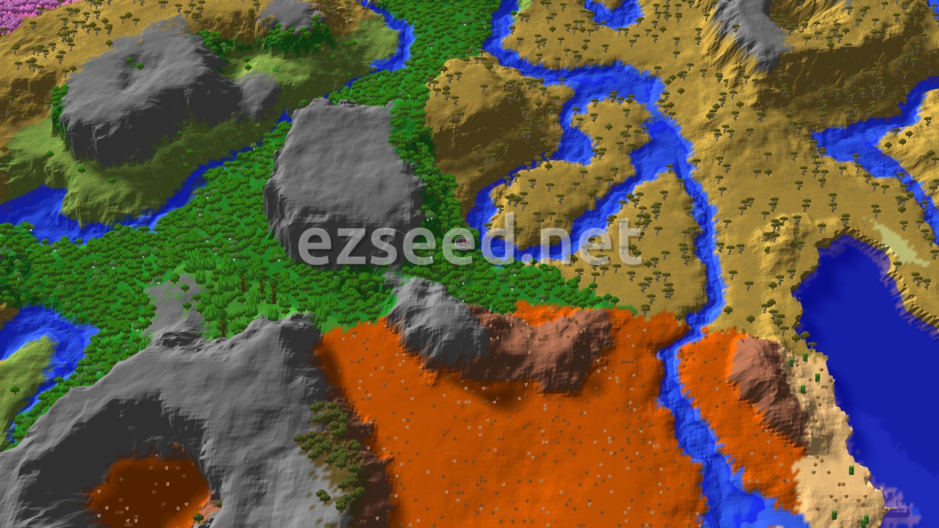 A dense green forest fills a low valley, with a river winding past tan savanna on the right, bare grey rock mounds in the middle and an orange badlands plateau below.
